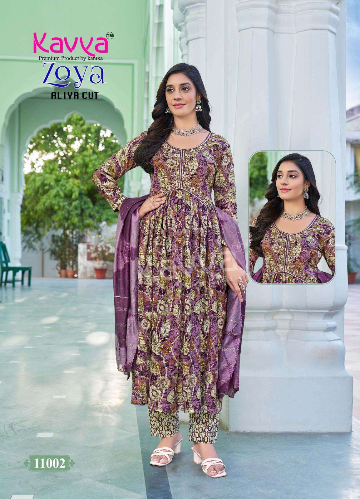 KAVYA ZOYA VOL 11 RAYON PRINT ALIA CUT STYLE LADIES KURTI COMBO SET