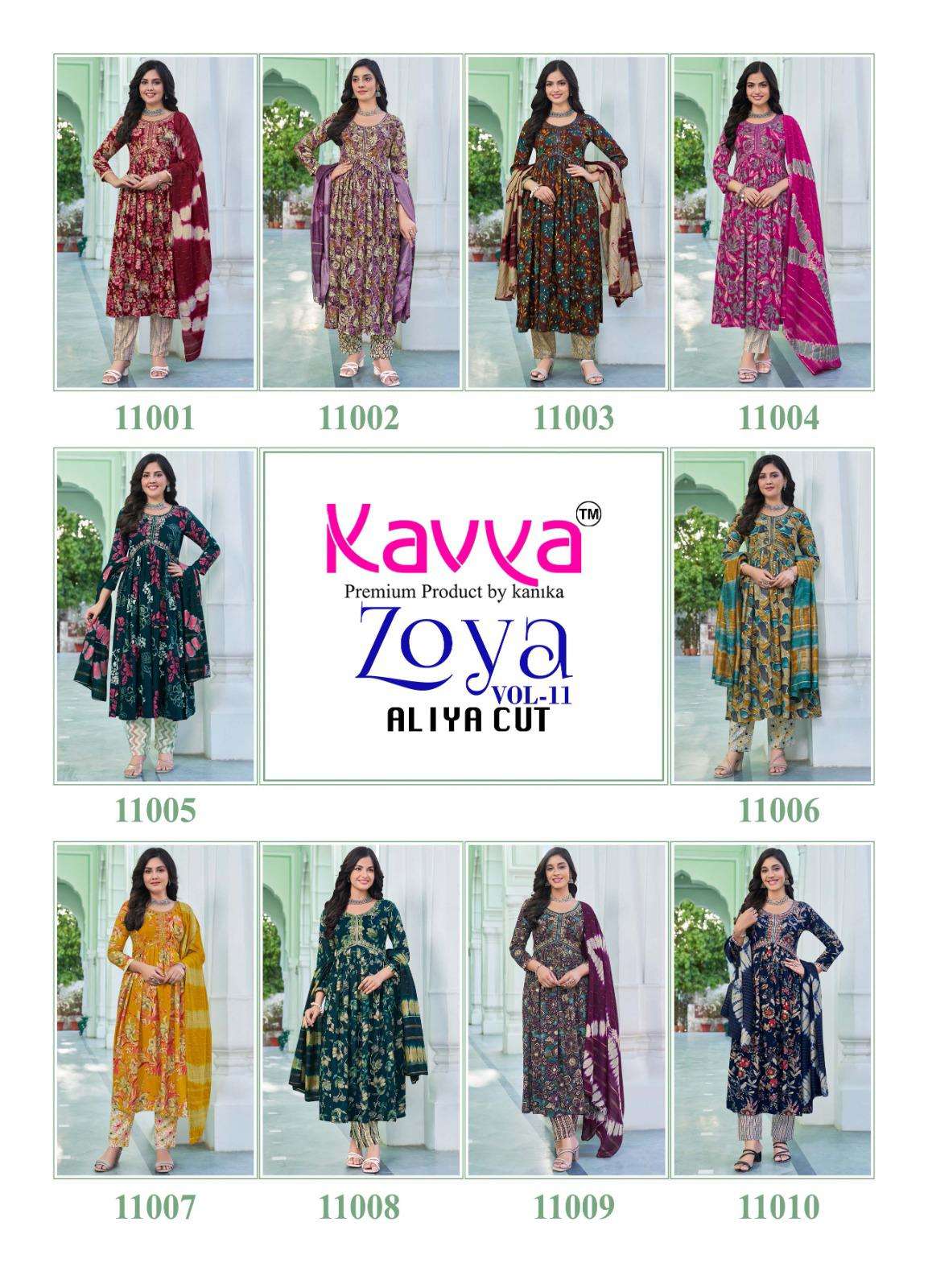 KAVYA ZOYA VOL 11 RAYON PRINT ALIA CUT STYLE LADIES KURTI COMBO SET