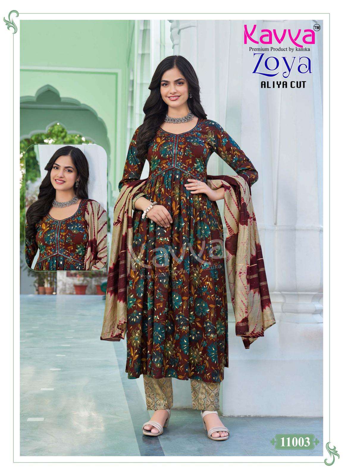 KAVYA ZOYA VOL 11 RAYON PRINT ALIA CUT STYLE LADIES KURTI COMBO SET