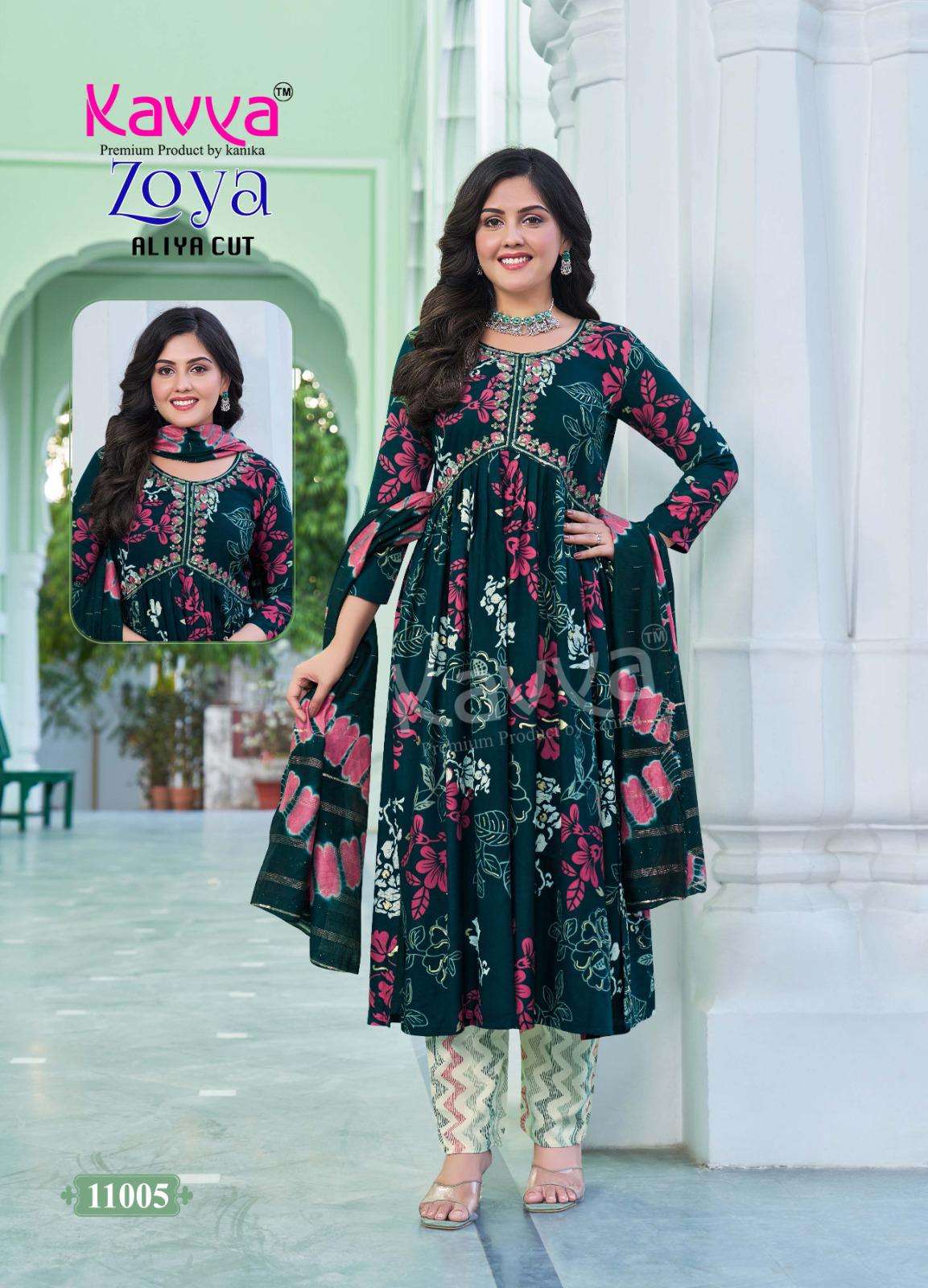 KAVYA ZOYA VOL 11 RAYON PRINT ALIA CUT STYLE LADIES KURTI COMBO SET