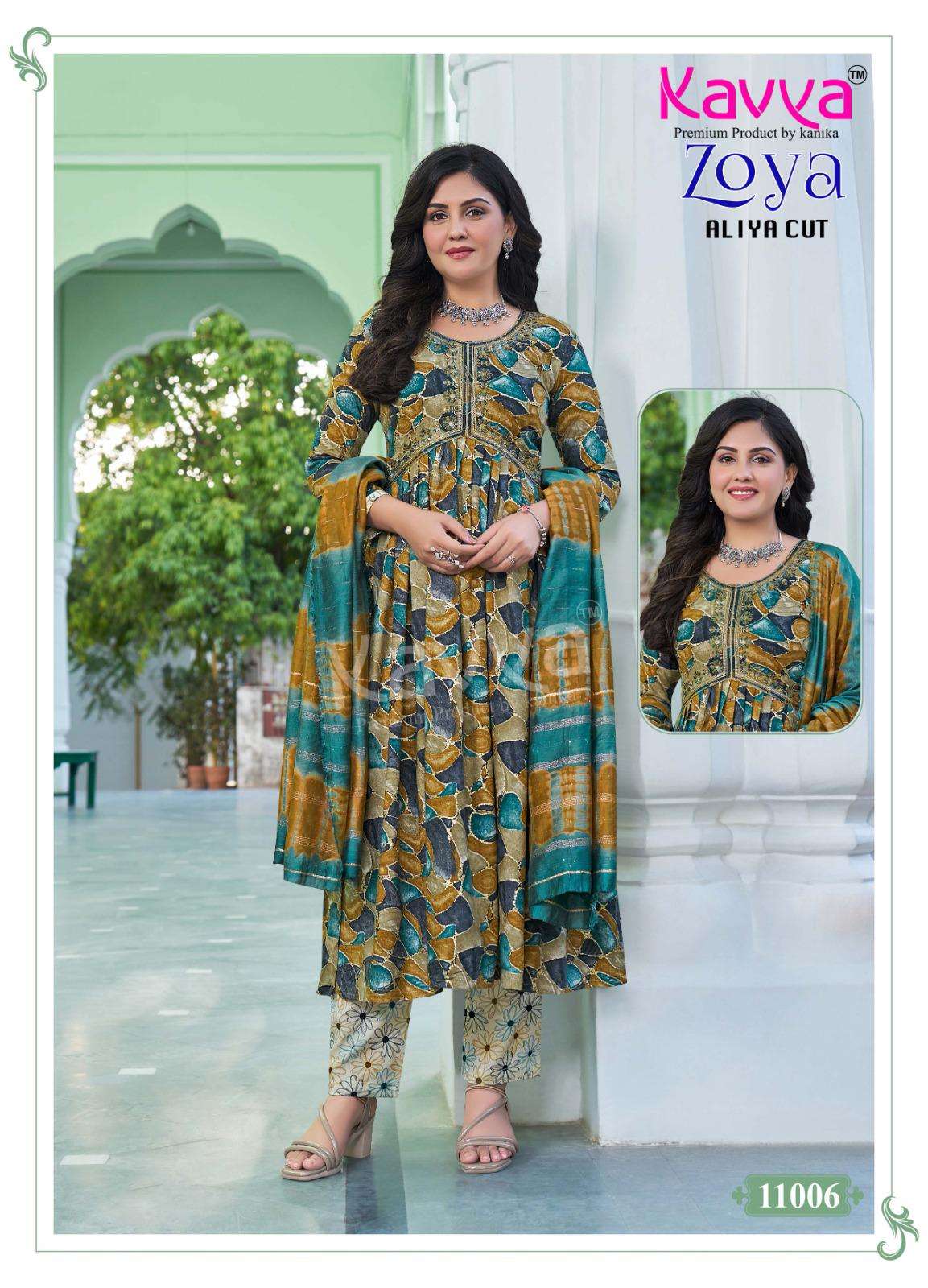KAVYA ZOYA VOL 11 RAYON PRINT ALIA CUT STYLE LADIES KURTI COMBO SET