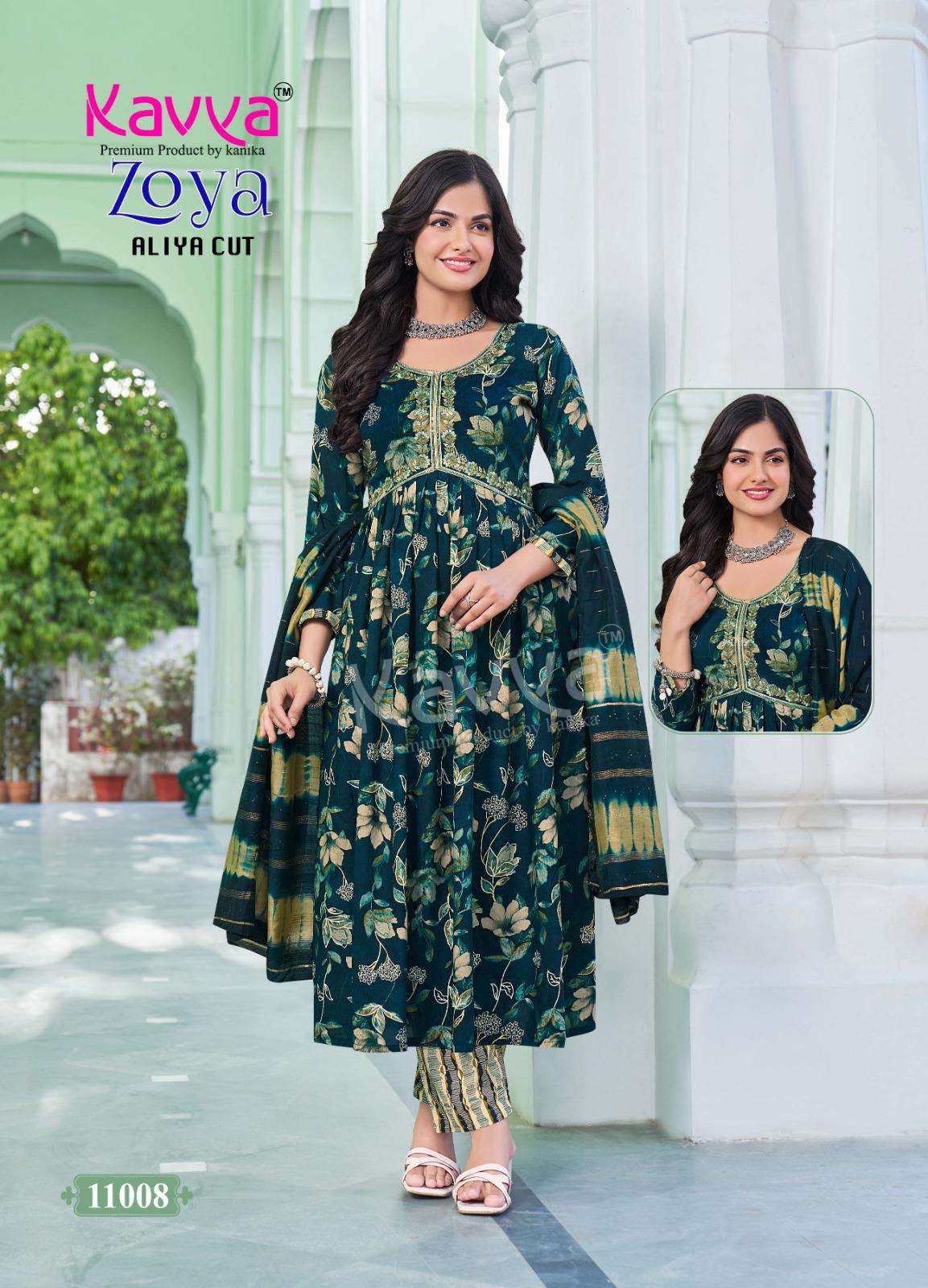 KAVYA ZOYA VOL 11 RAYON PRINT ALIA CUT STYLE LADIES KURTI COMBO SET