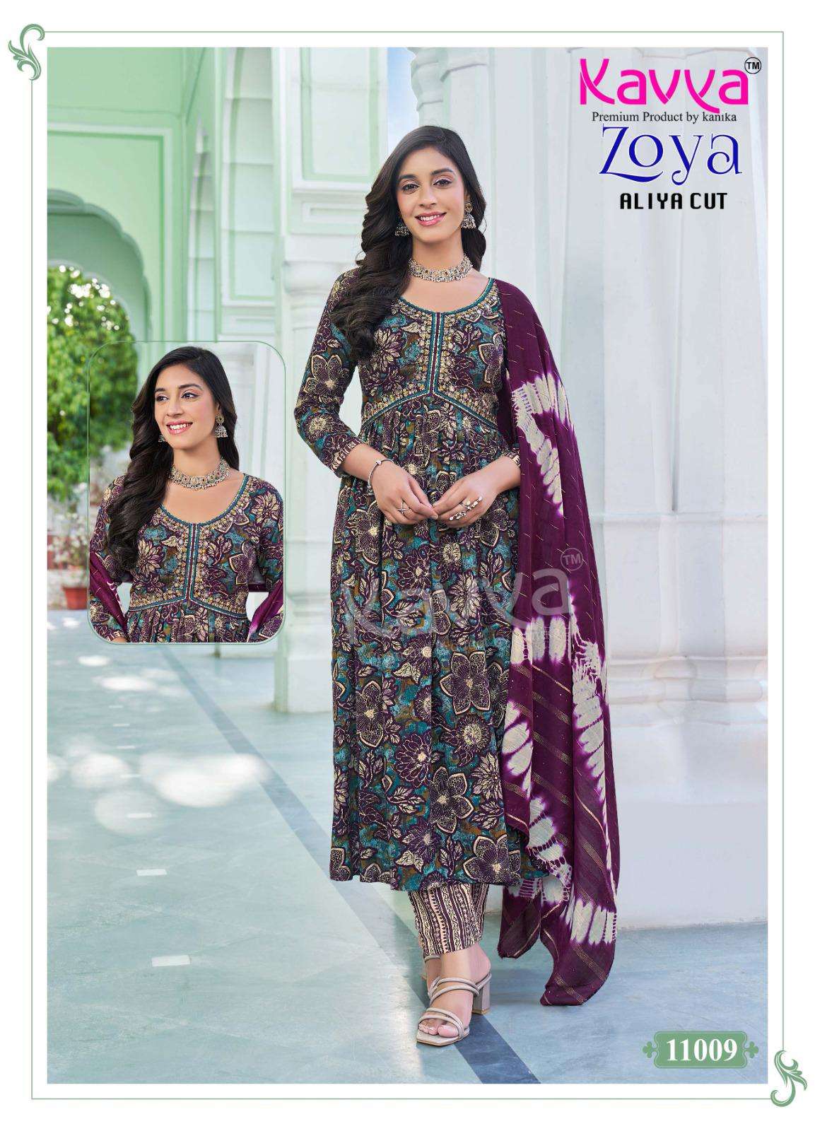KAVYA ZOYA VOL 11 RAYON PRINT ALIA CUT STYLE LADIES KURTI COMBO SET