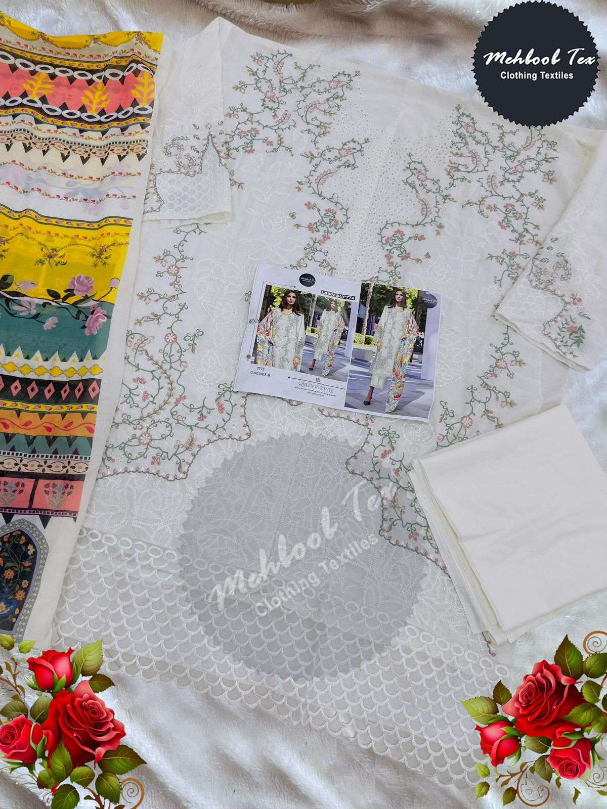 MEHBOOB TEX DESIGN NO - 1602 B VISCOSE CAMBRIC COTTON HEAVY SELF EMBROIDERED PAKISTANI SALWAR SUIT