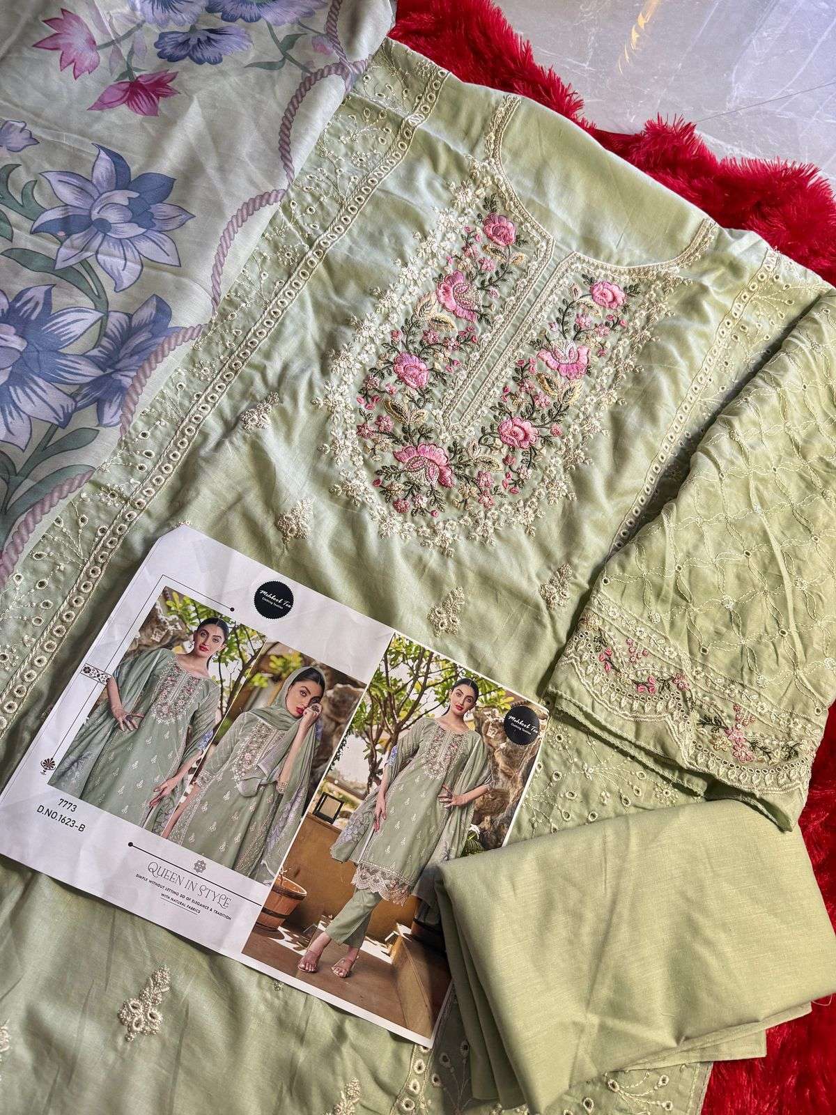 MEHBOOB TEX DESIGN NO - 1623 AB PURE COTTON PRINT HEAVY EMBROIDERED PAKISTANI SALWAR SUIT 