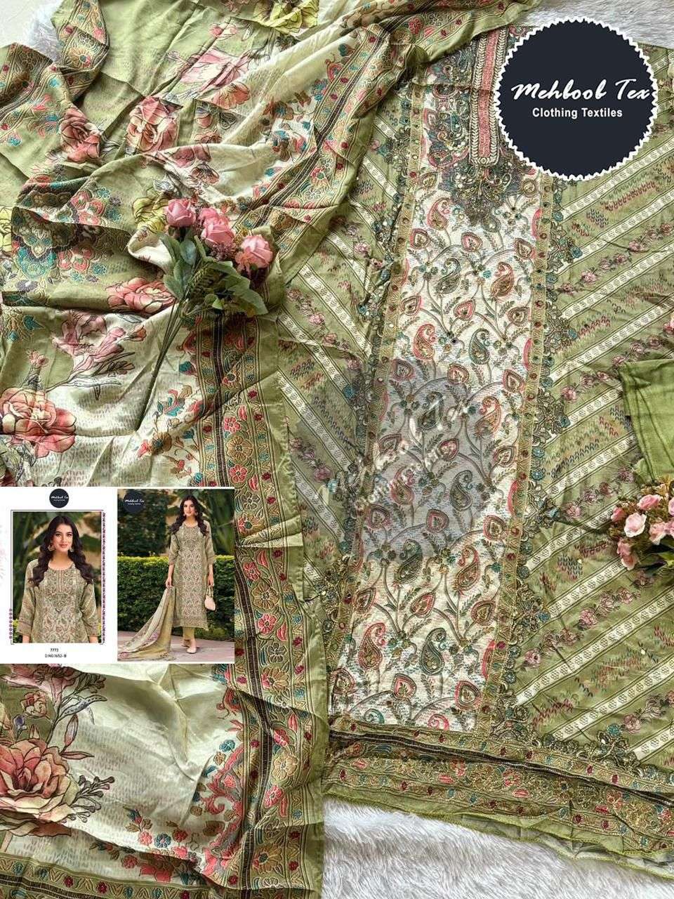 MEHBOOB TEX DESIGN NO - 1652 BC PURE VISCOSE MUSLIN DIGITAL PRINT AARI HANDWORK PAKISTANI SALWAR SUIT