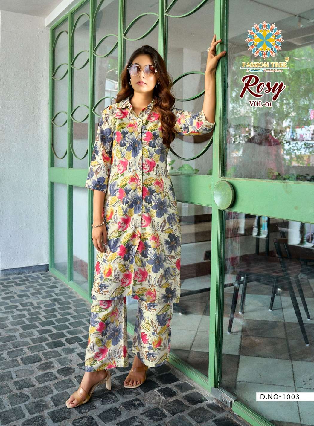 PASSION TREE ROSY RAYON PRINT FANCY KURTI WITH PLAZZO PANT SET