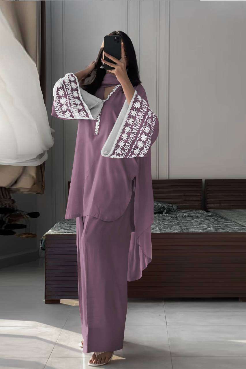PD 1095 SATIN EMBROIDERY WORKS LADIES TOP PLAZZO AND DUPATTA SET