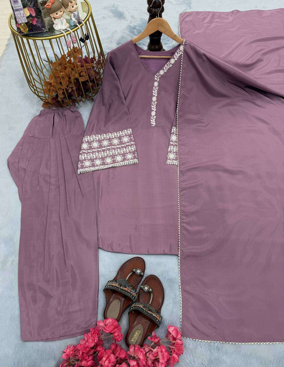 PD 1095 SATIN EMBROIDERY WORKS LADIES TOP PLAZZO AND DUPATTA SET