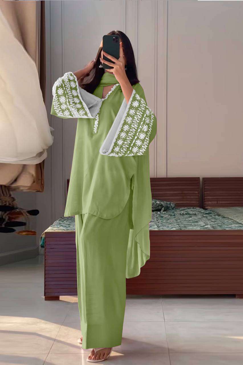 PD 1095 SATIN EMBROIDERY WORKS LADIES TOP PLAZZO AND DUPATTA SET