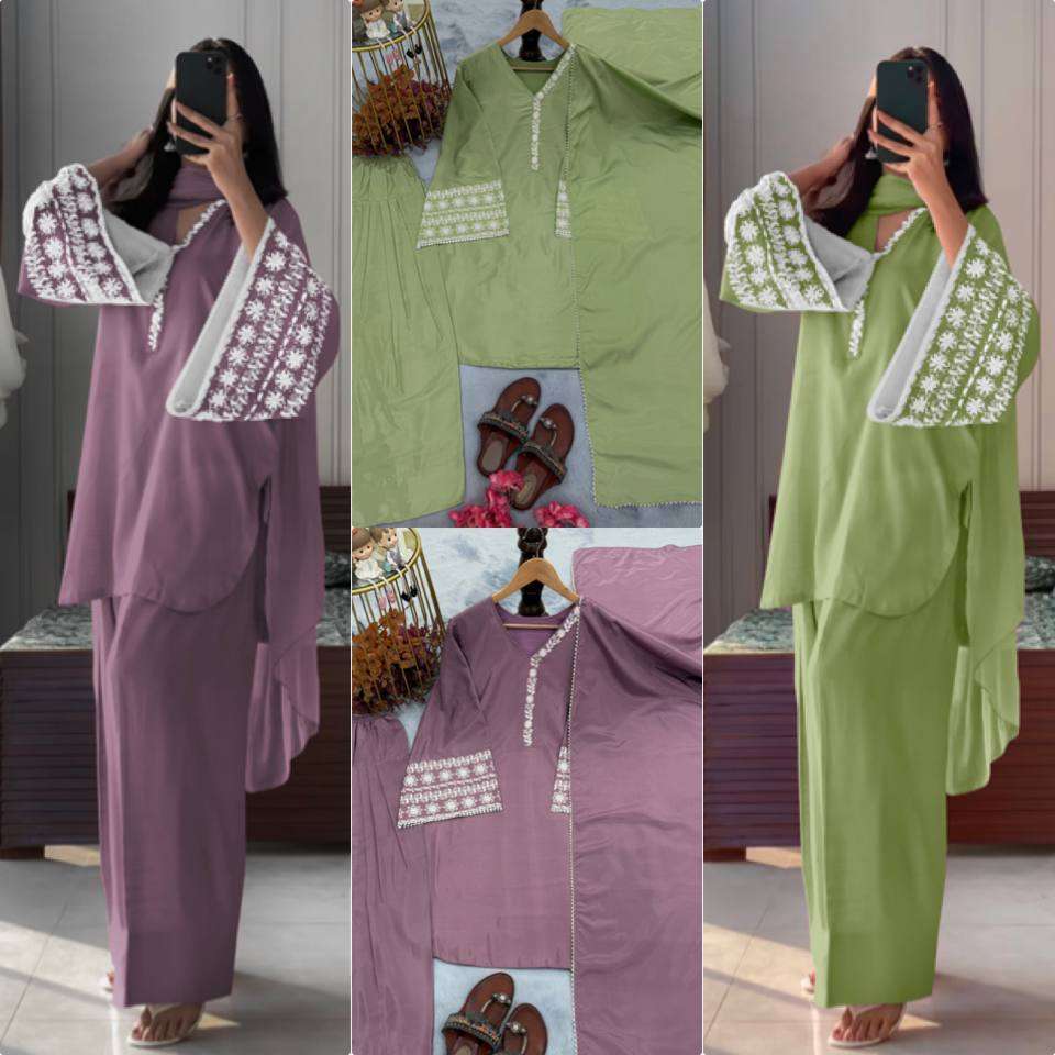 PD 1095 SATIN EMBROIDERY WORKS LADIES TOP PLAZZO AND DUPATTA SET