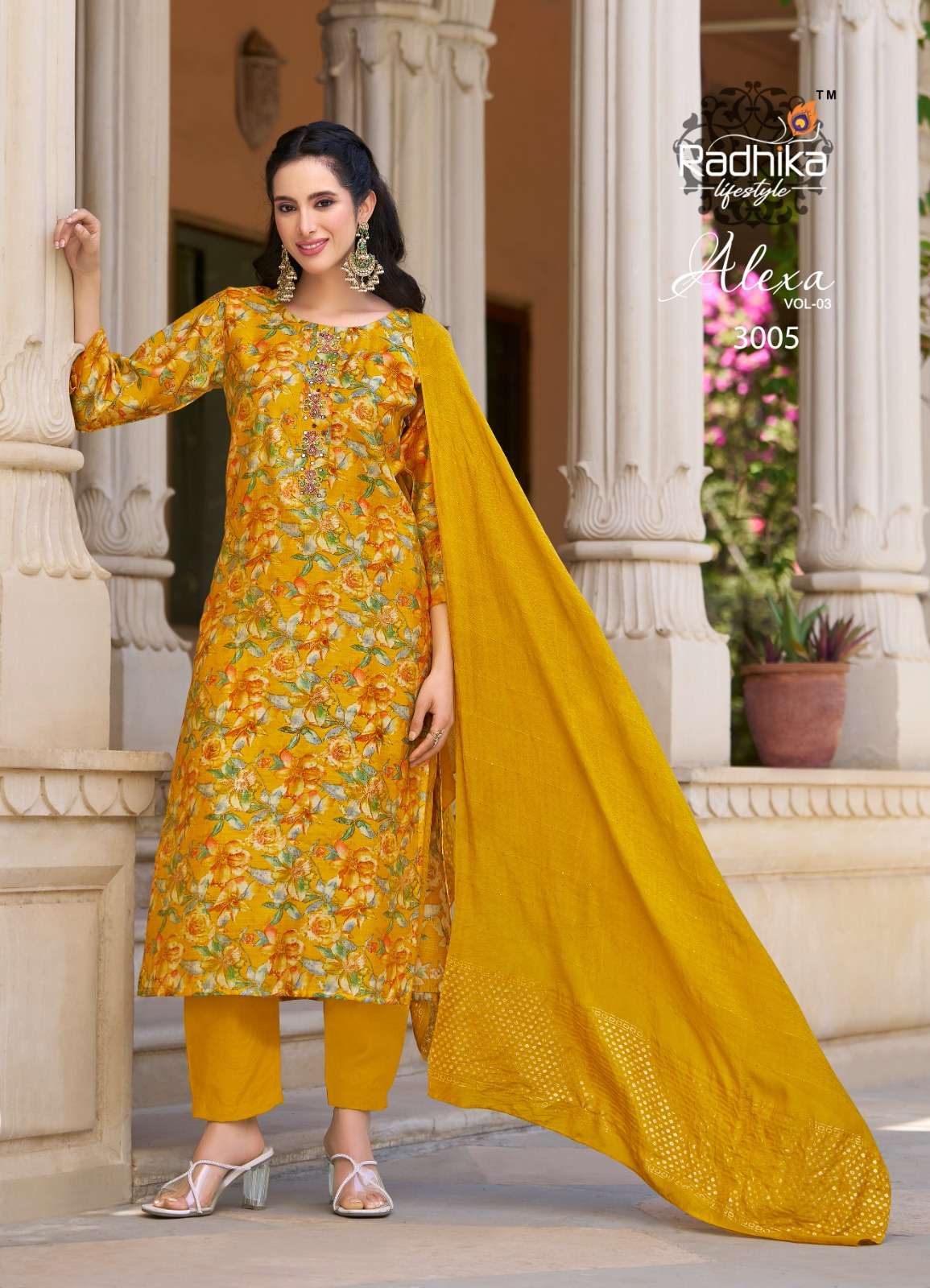 RADHIKA LIFE STYLE ALEXA VOL 3 SILK FANCY WORKS KURTI PANT WITH DUPATTA SET