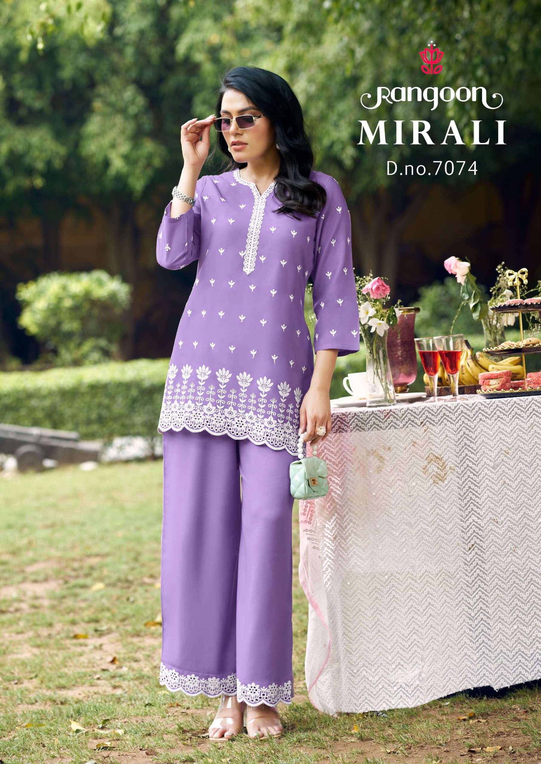 RANGOON MIRALI VISCOSE FANCY SCHIFFLI WORKS TOP WITH PANT SET