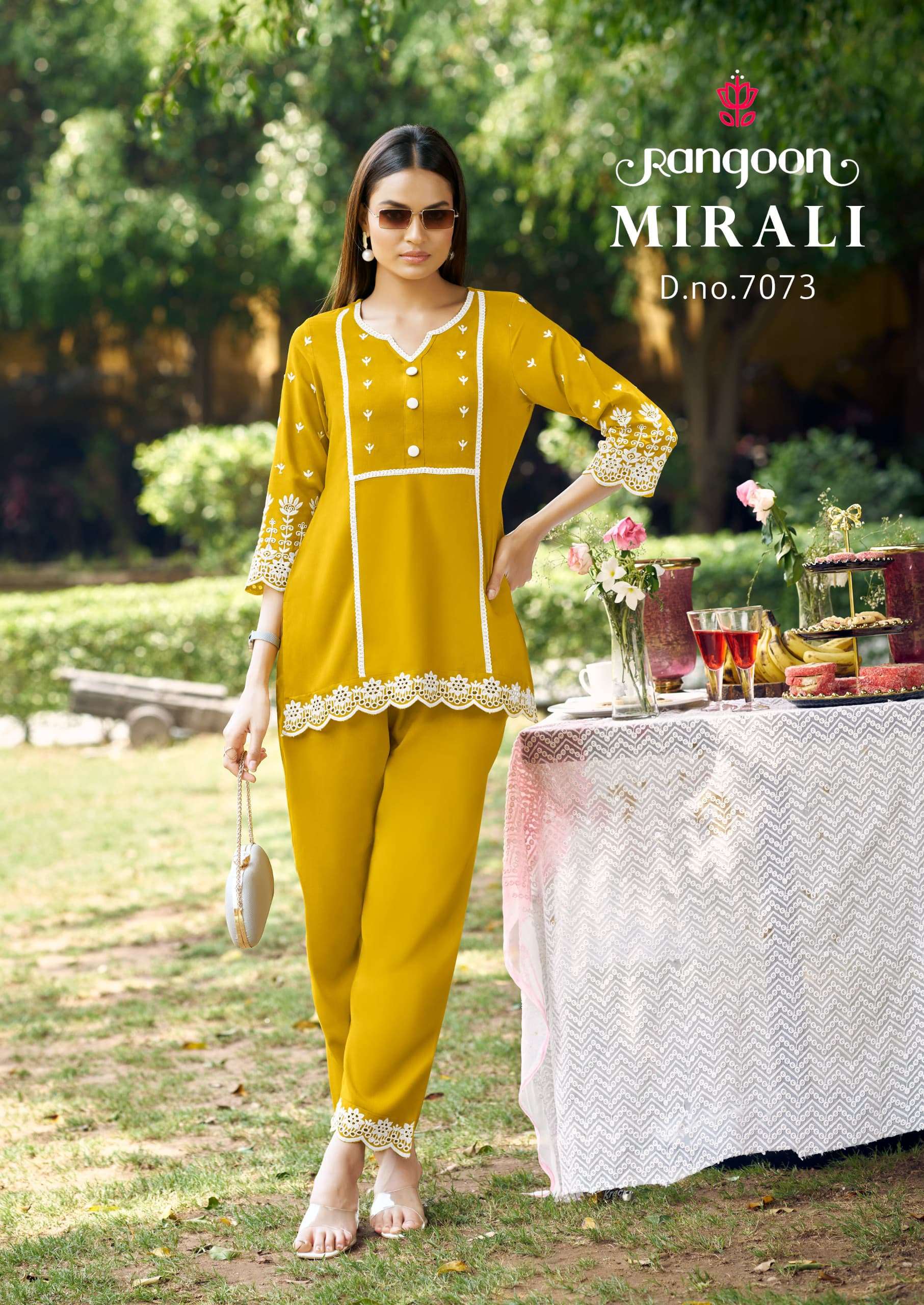 RANGOON MIRALI VISCOSE FANCY SCHIFFLI WORKS TOP WITH PANT SET