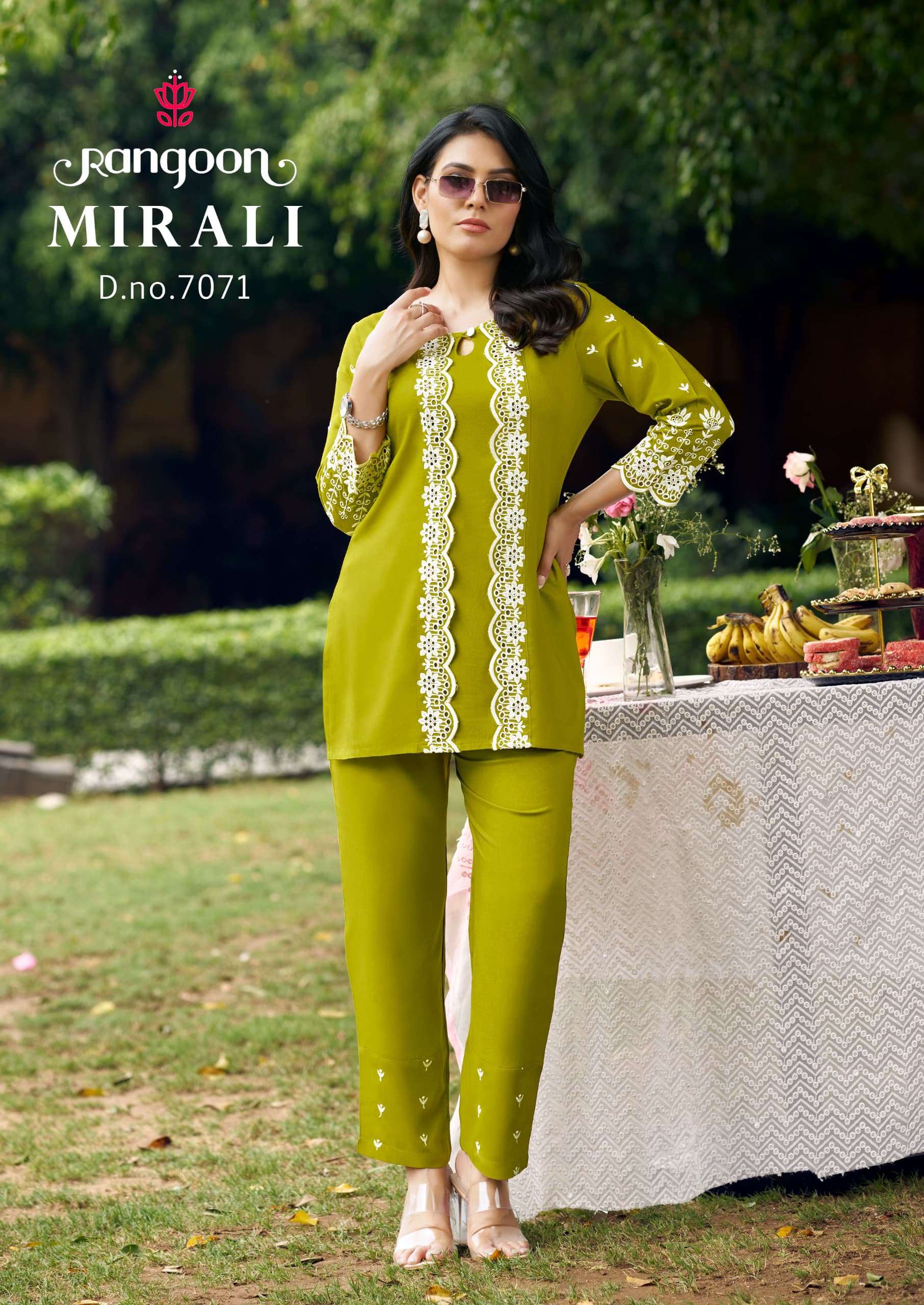 RANGOON MIRALI VISCOSE FANCY SCHIFFLI WORKS TOP WITH PANT SET