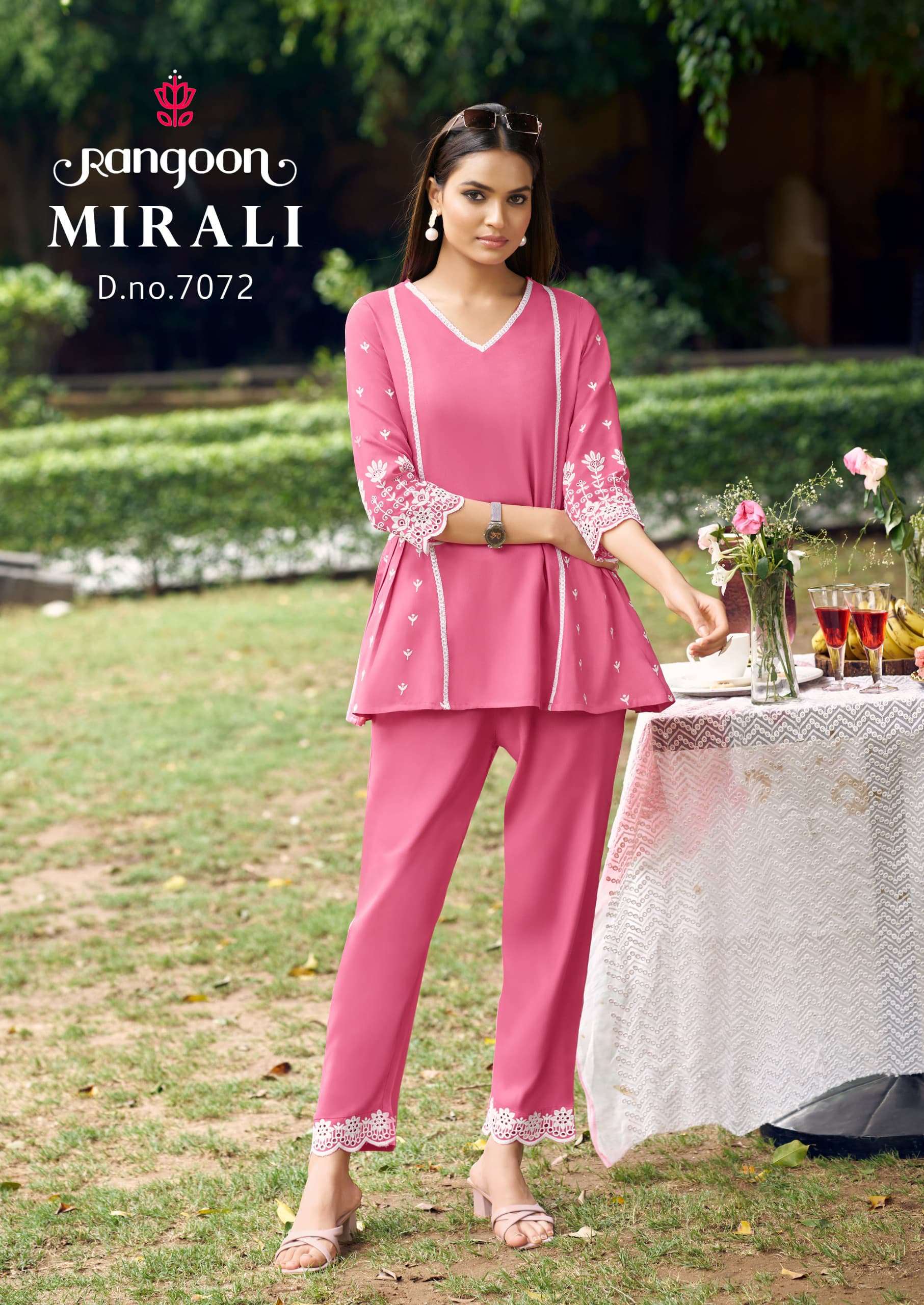 RANGOON MIRALI VISCOSE FANCY SCHIFFLI WORKS TOP WITH PANT SET