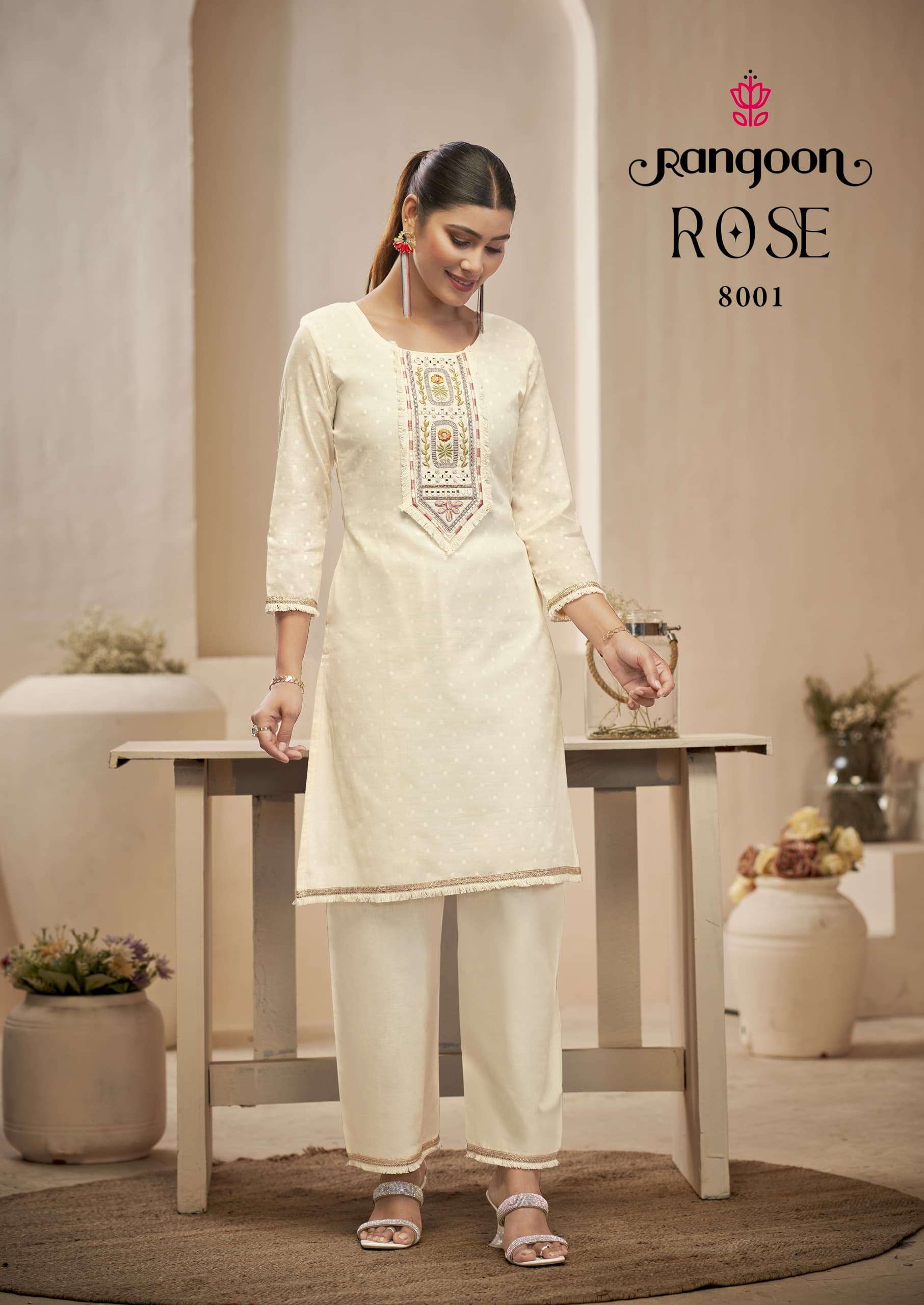 RANGOON ROSE COTTON FANCY LADIES KURTI WITH BOTTOM PAIR CO-ORD SET