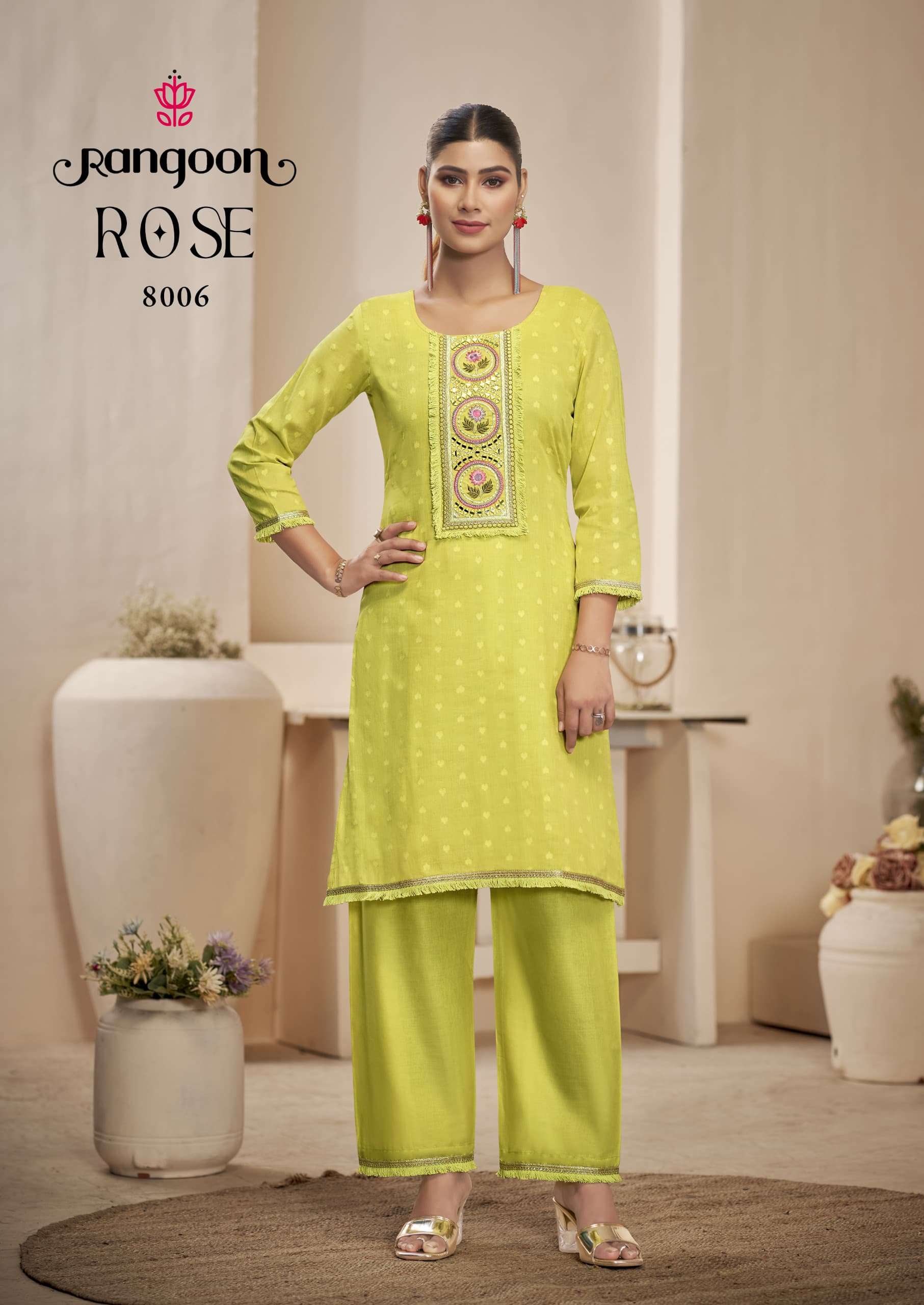 RANGOON ROSE COTTON FANCY LADIES KURTI WITH BOTTOM PAIR CO-ORD SET