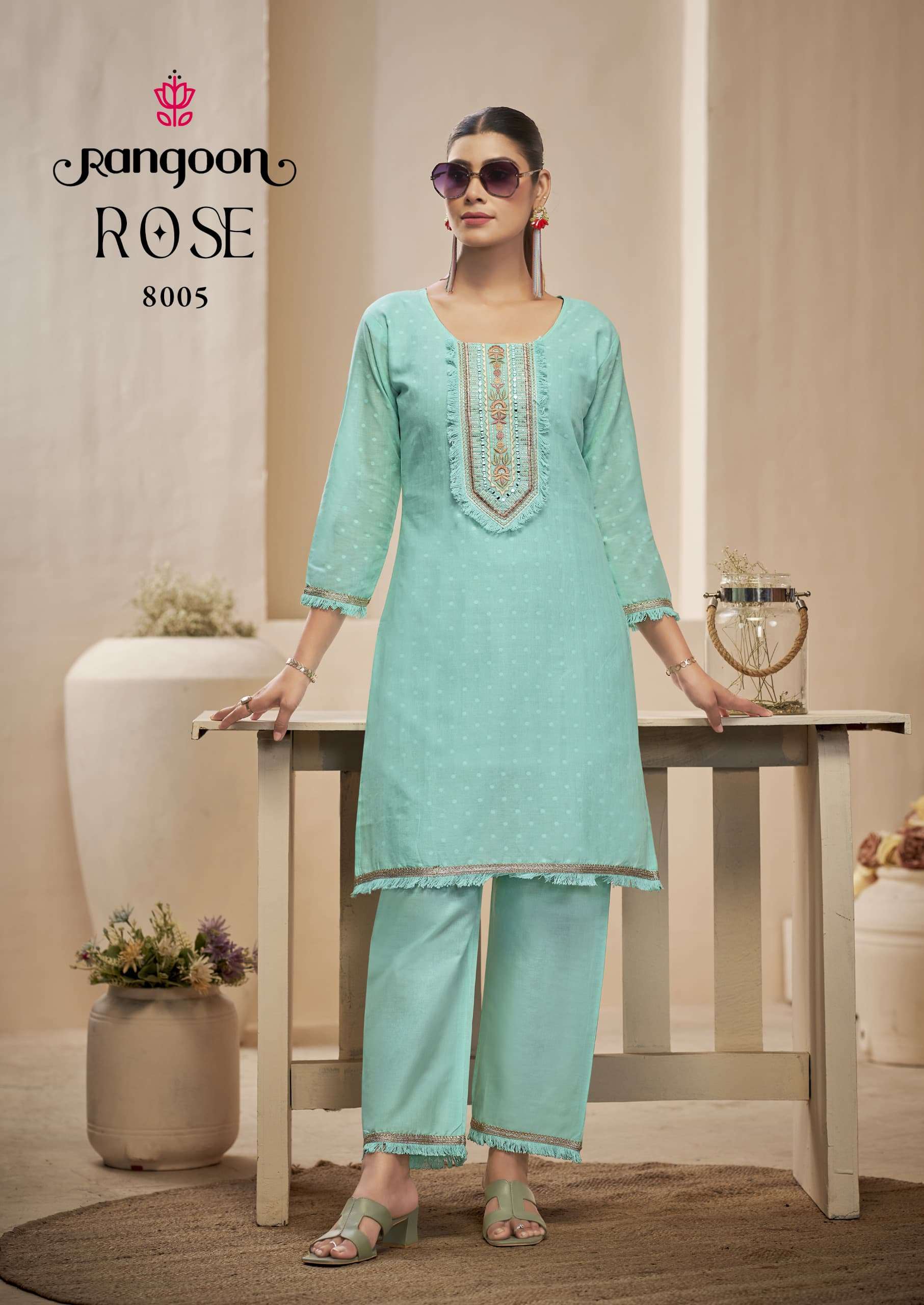 RANGOON ROSE COTTON FANCY LADIES KURTI WITH BOTTOM PAIR CO-ORD SET