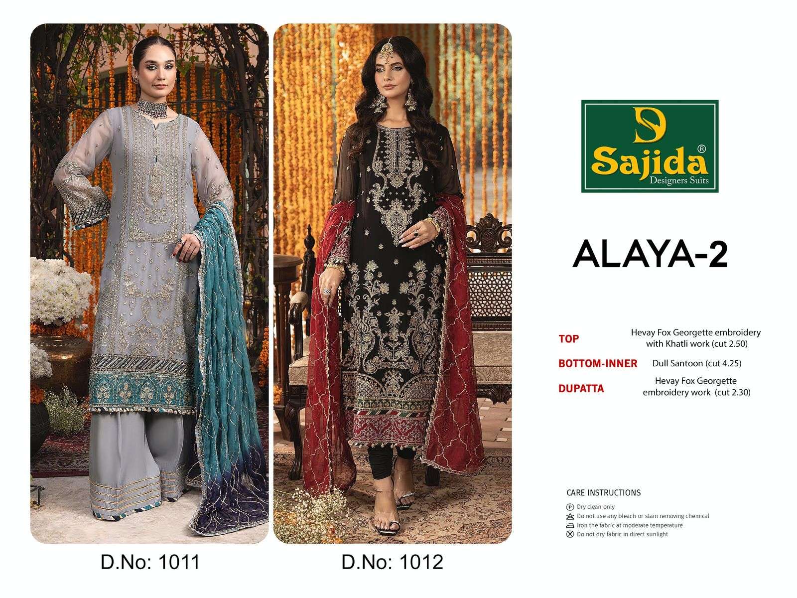 SAJIDA DESIGNER DESIGN NO - 1011 - 1012 GEORGETTE HEAVY EMBROIDERED KHATLI WORK PAKISTANI SALWAR SUIT 