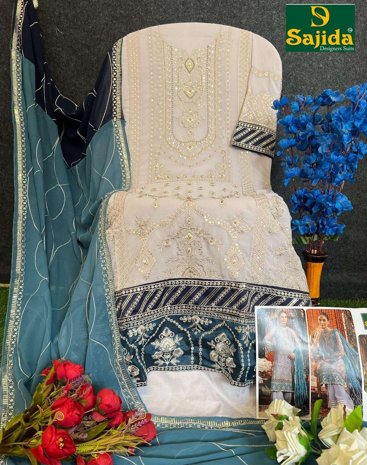 SAJIDA DESIGNER DESIGN NO - 1011 - 1012 GEORGETTE HEAVY EMBROIDERED KHATLI WORK PAKISTANI SALWAR SUIT 