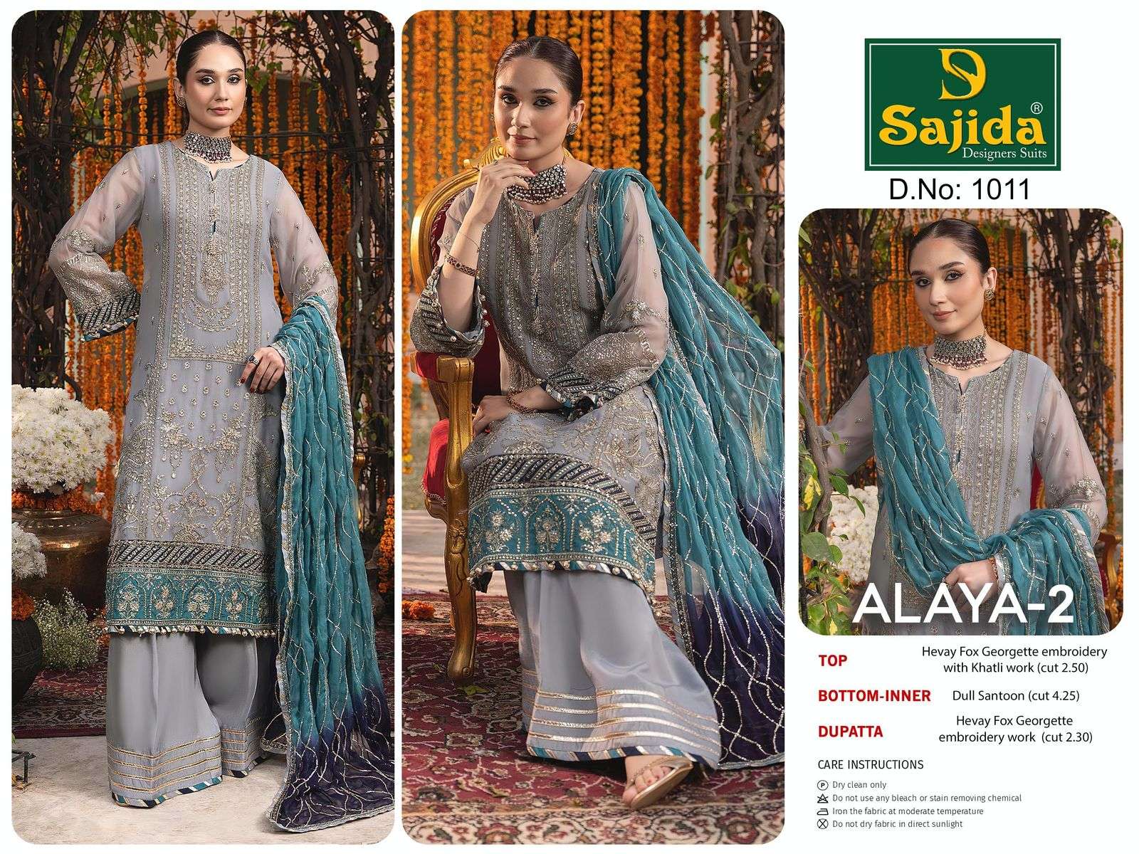 SAJIDA DESIGNER DESIGN NO - 1011 - 1012 GEORGETTE HEAVY EMBROIDERED KHATLI WORK PAKISTANI SALWAR SUIT 