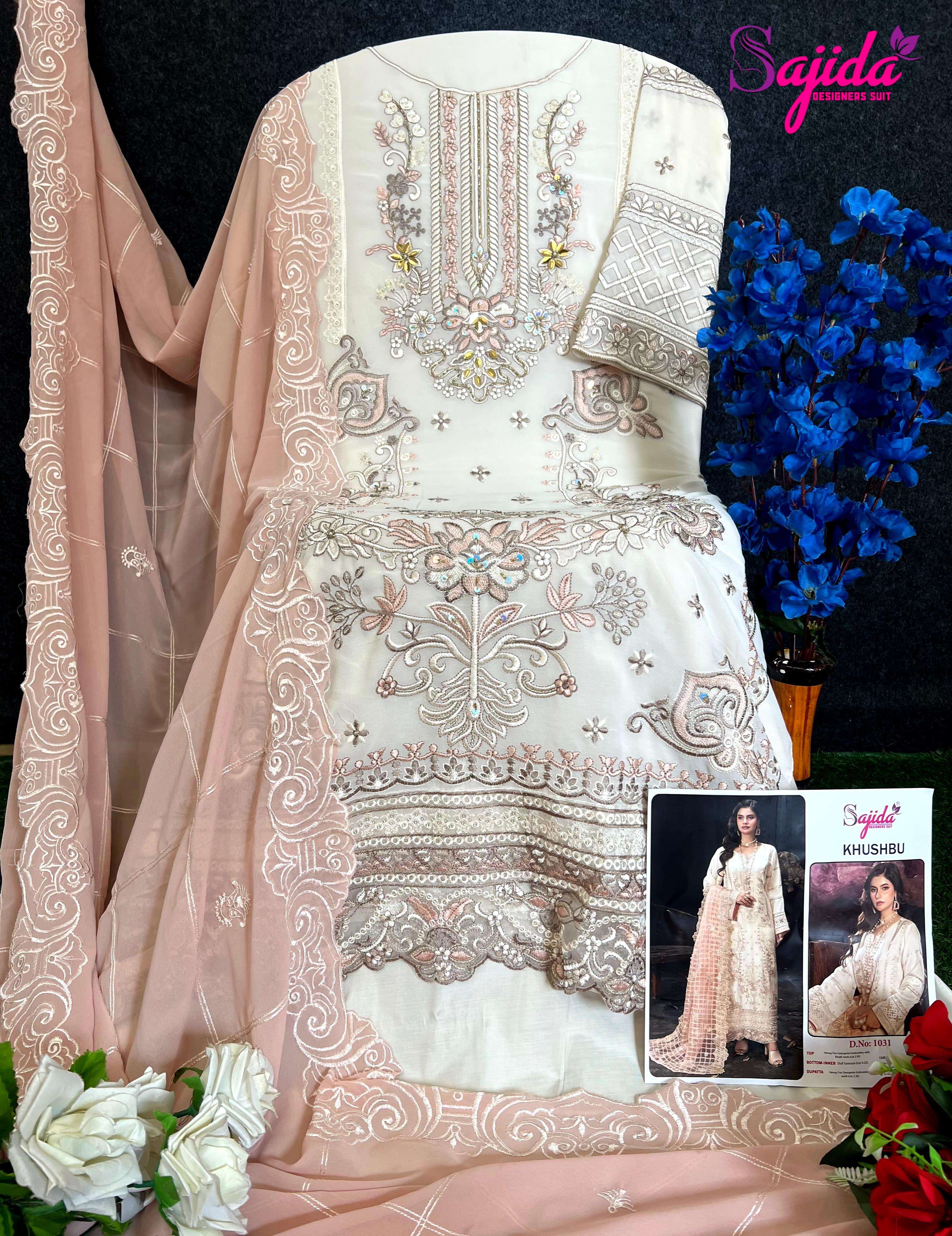 SAJIDA DESIGNER DESIGN NO - 1031 GEORGETTE HEAVY EMBROIDERED KHATLI WORK PAKISTANI SALWAR SUIT