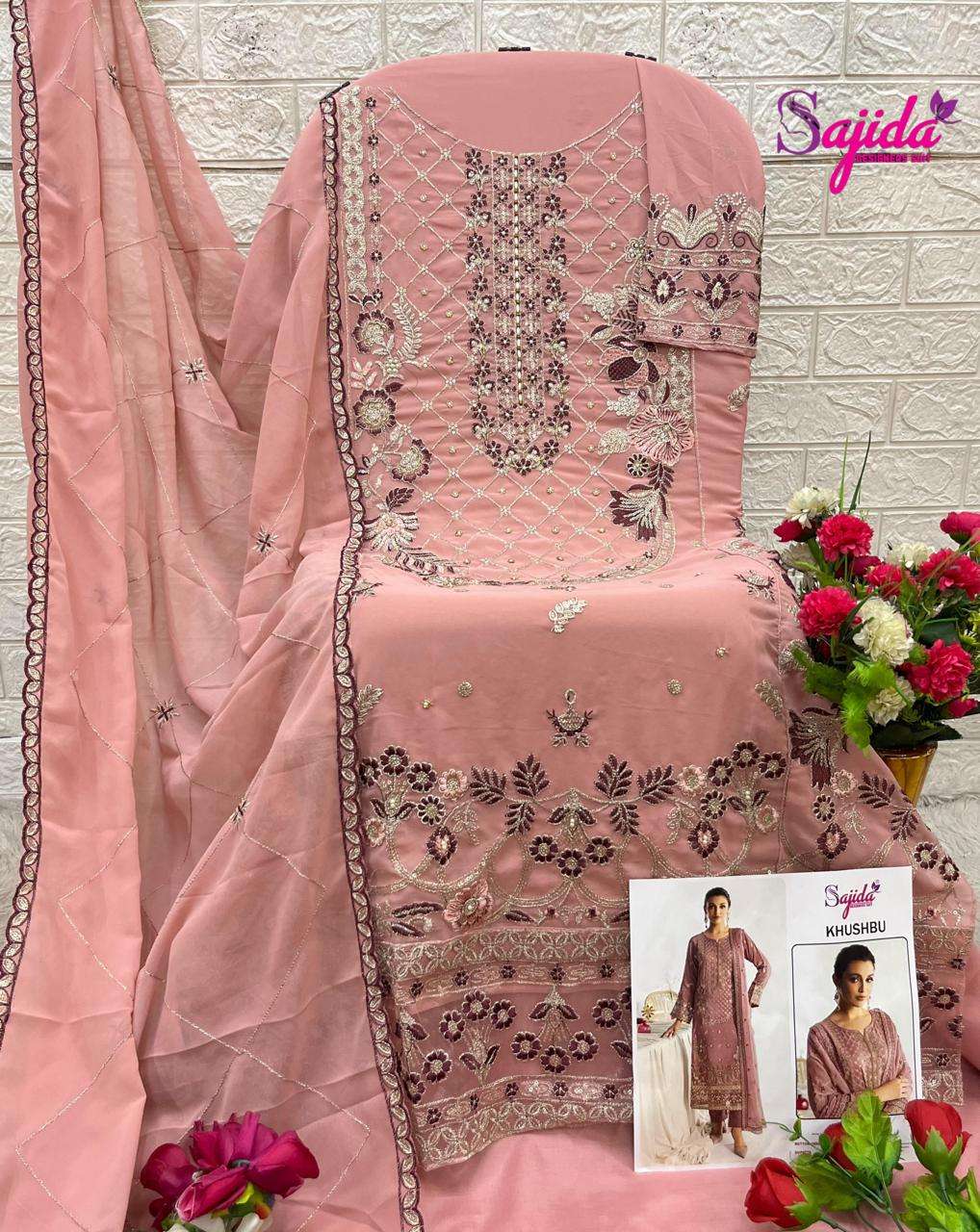 SAJIDA DESIGNER DESIGN NO - 1032 GEORGETTE HEAVY EMBROIDERED KHATLI WORK PAKISTANI SALWAR SUIT