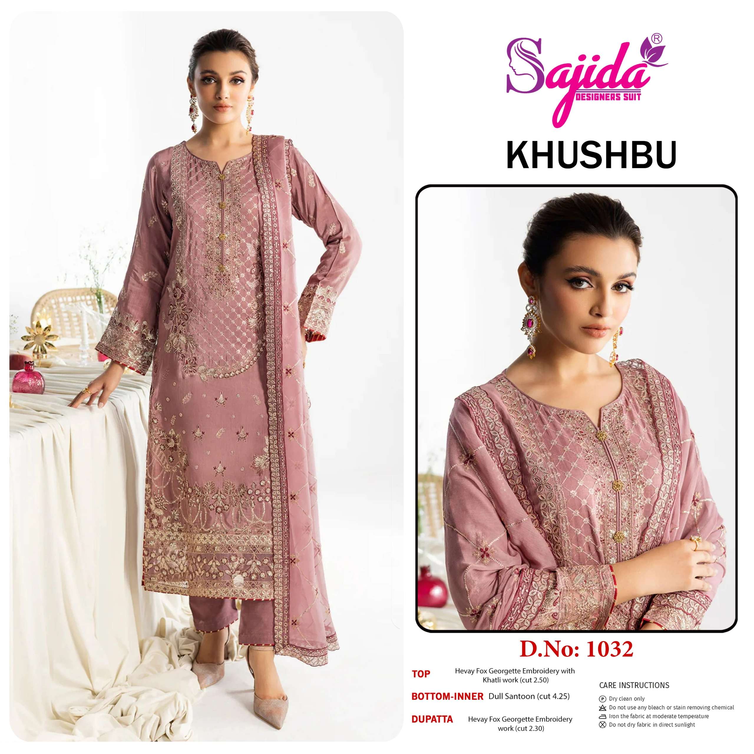 SAJIDA DESIGNER DESIGN NO - 1032 GEORGETTE HEAVY EMBROIDERED KHATLI WORK PAKISTANI SALWAR SUIT