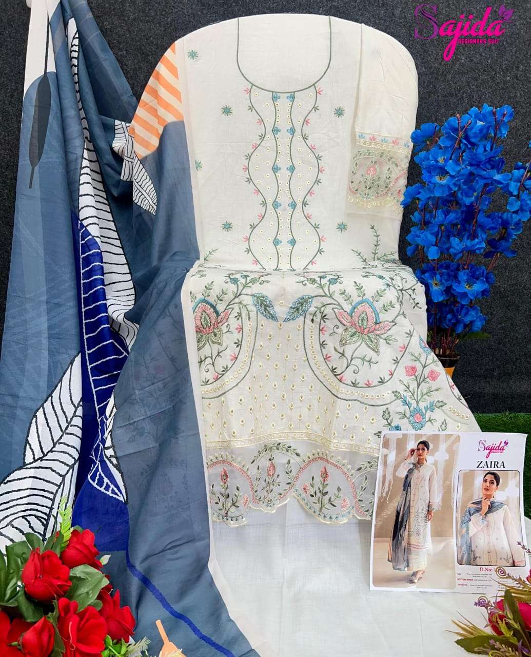 SAJIDA DESIGNER DESIGN NO - 1055- 1056 CAMBRIC COTTON HEAVY EMBROIDERED PAKISTANI SALWAR SUIT 