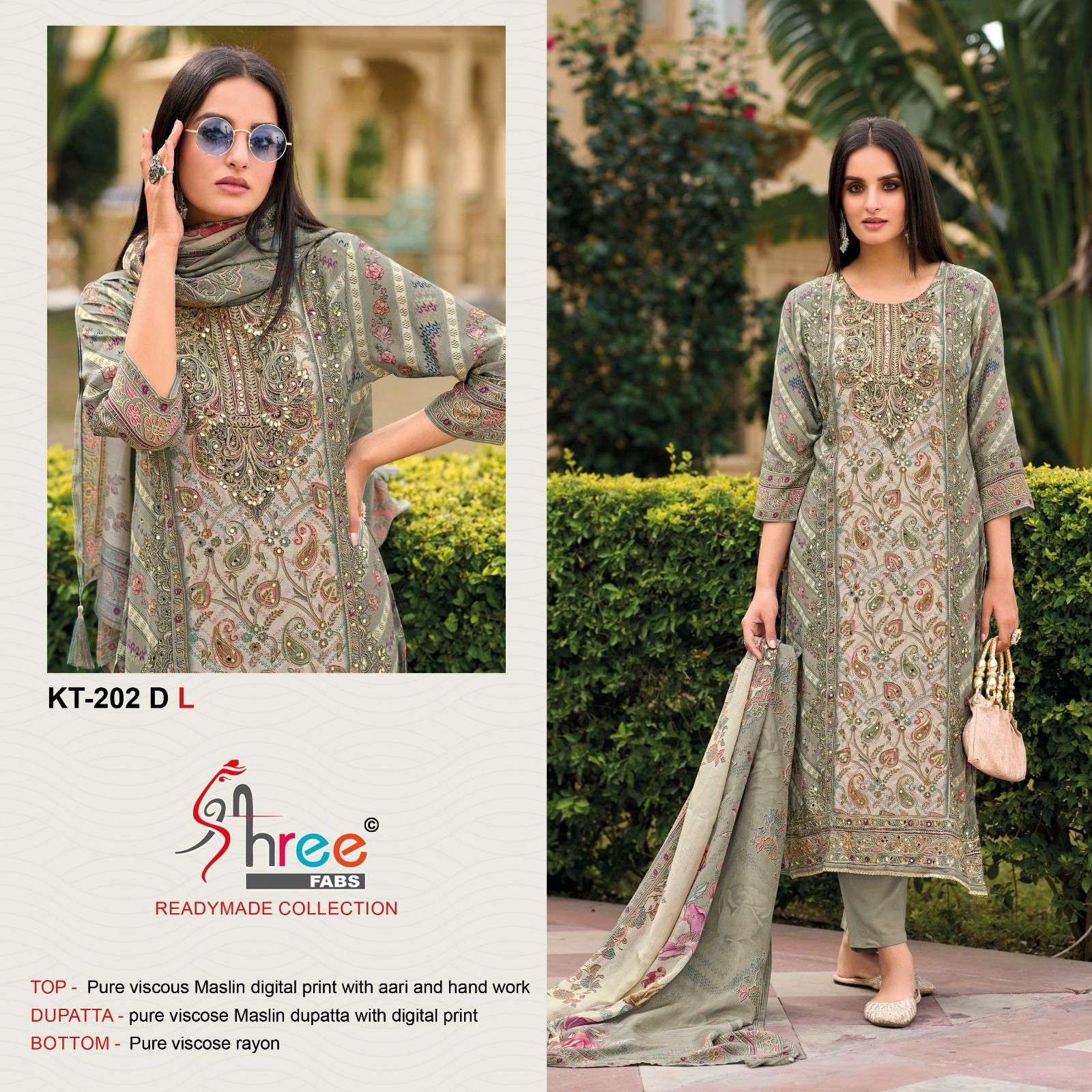 SHREE FAB DESIGN NO - KT - 202 PURE VISCOSE MUSLIN DIGITAL PRINT AARI HAND WORK PAKISTANI SUIT 