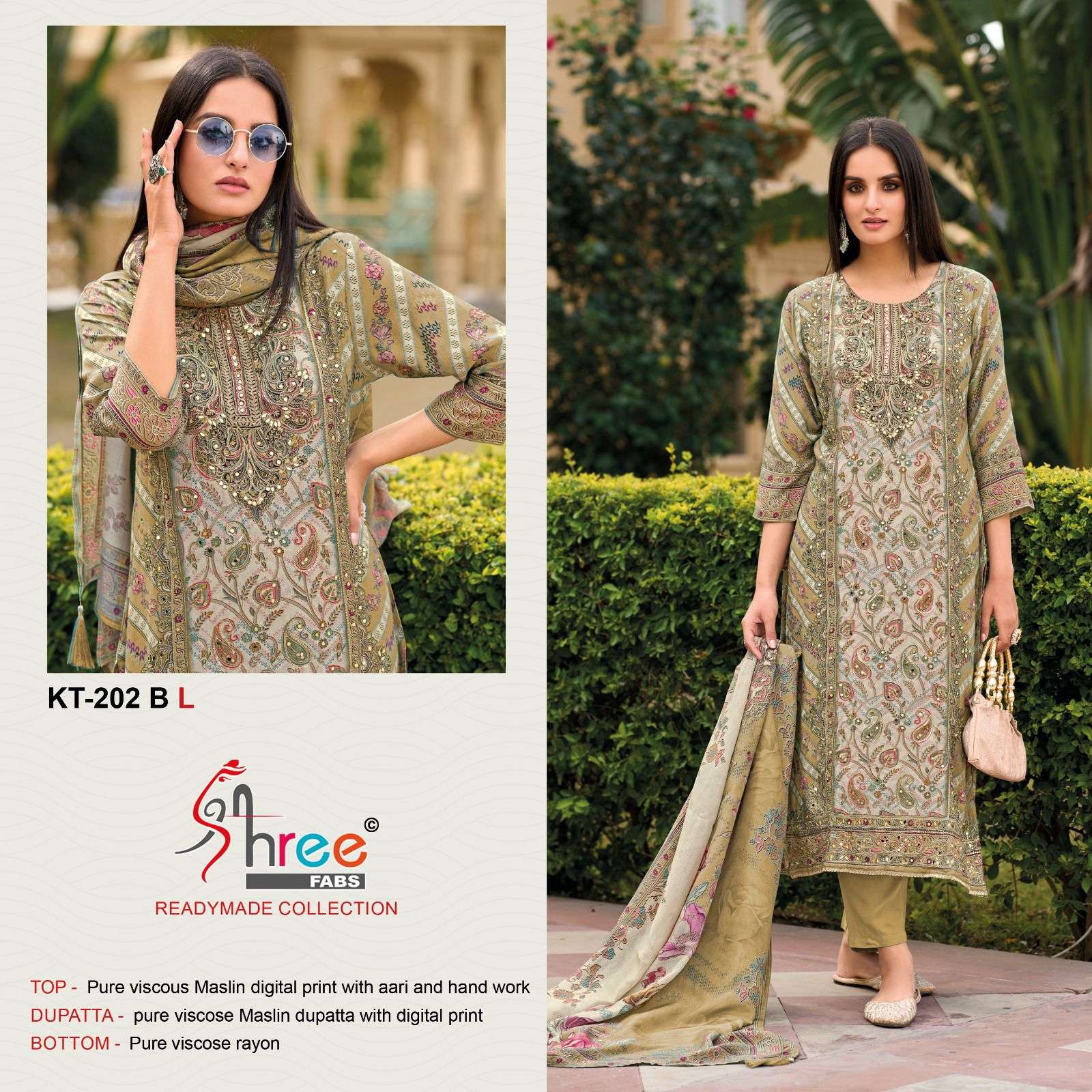 SHREE FAB DESIGN NO - KT - 202 PURE VISCOSE MUSLIN DIGITAL PRINT AARI HAND WORK PAKISTANI SUIT 