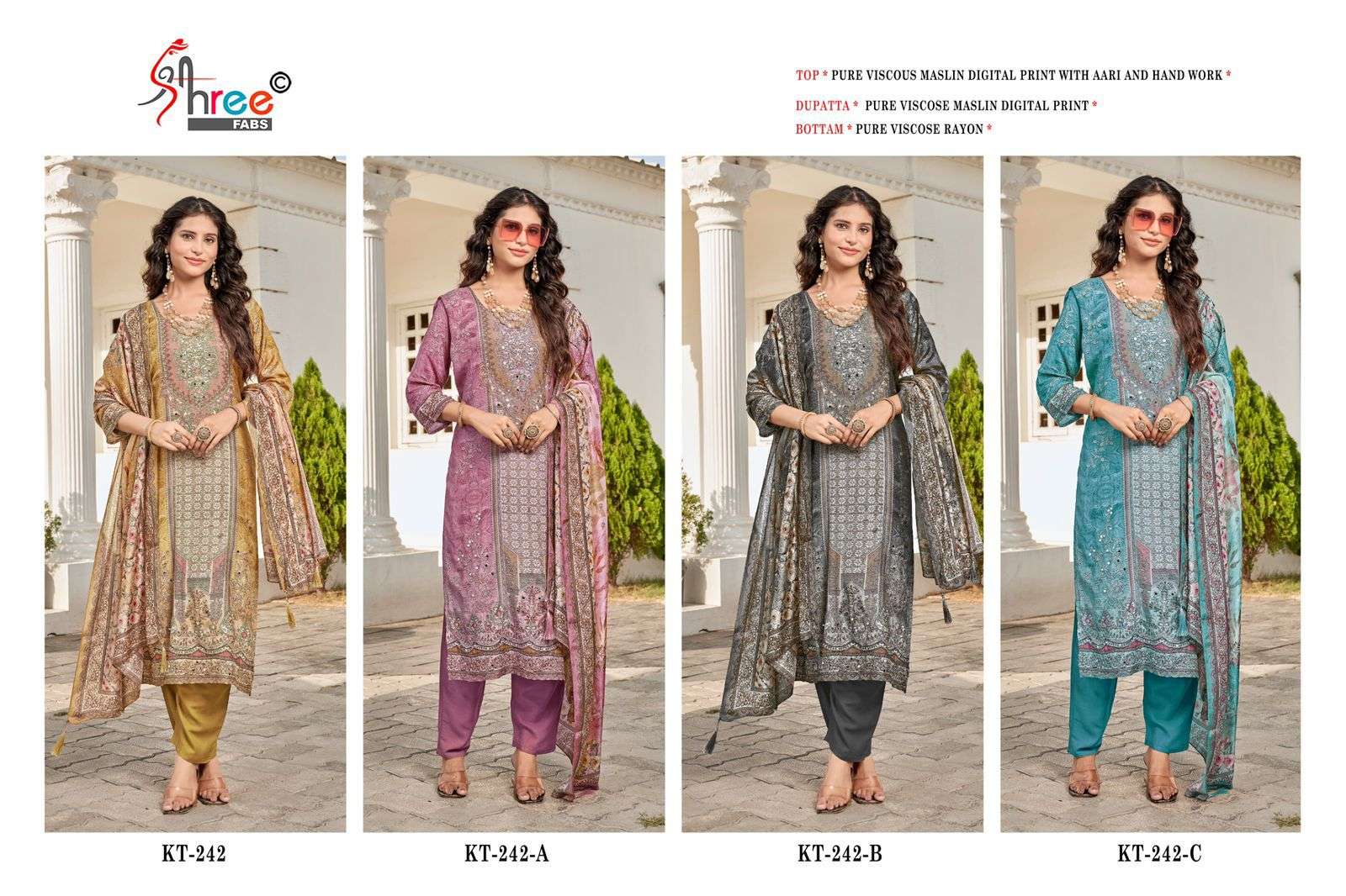 SHREE FAB DESIGN NO - KT - 242 PURE VISCOSE MUSLIN DIGITAL PRINT AARI HAND WORK PAKISTANI SALWAR SUIT 