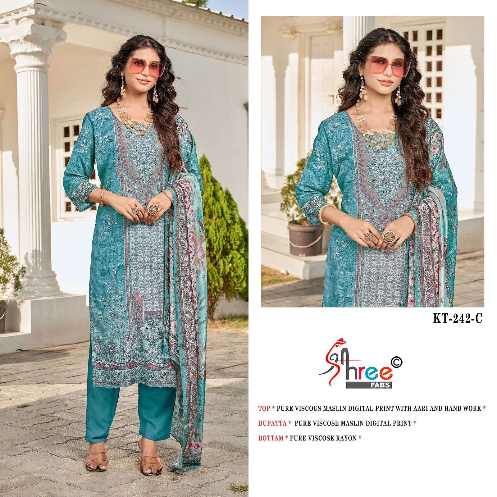 SHREE FAB DESIGN NO - KT - 242 PURE VISCOSE MUSLIN DIGITAL PRINT AARI HAND WORK PAKISTANI SALWAR SUIT 