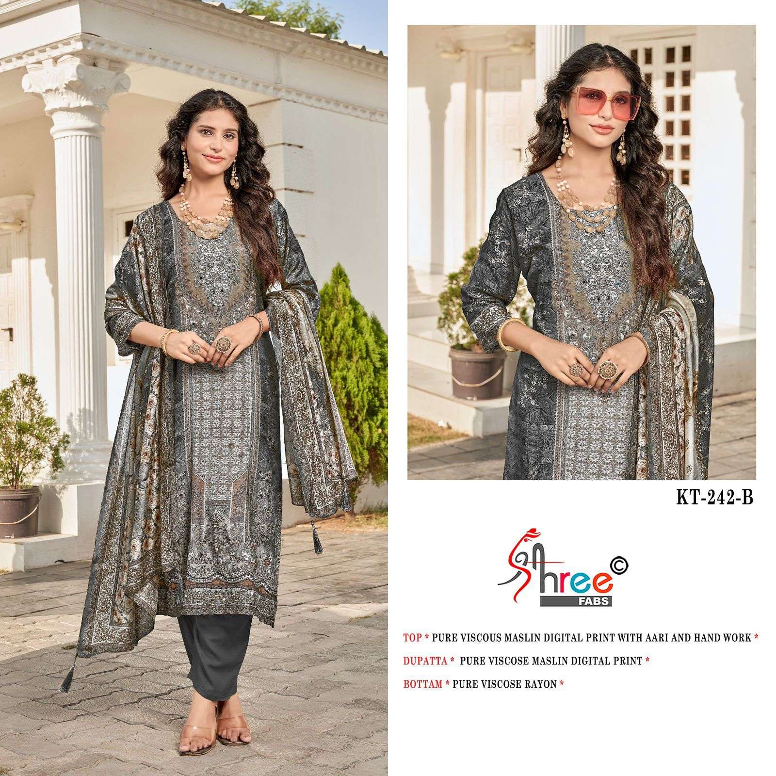 SHREE FAB DESIGN NO - KT - 242 PURE VISCOSE MUSLIN DIGITAL PRINT AARI HAND WORK PAKISTANI SALWAR SUIT 