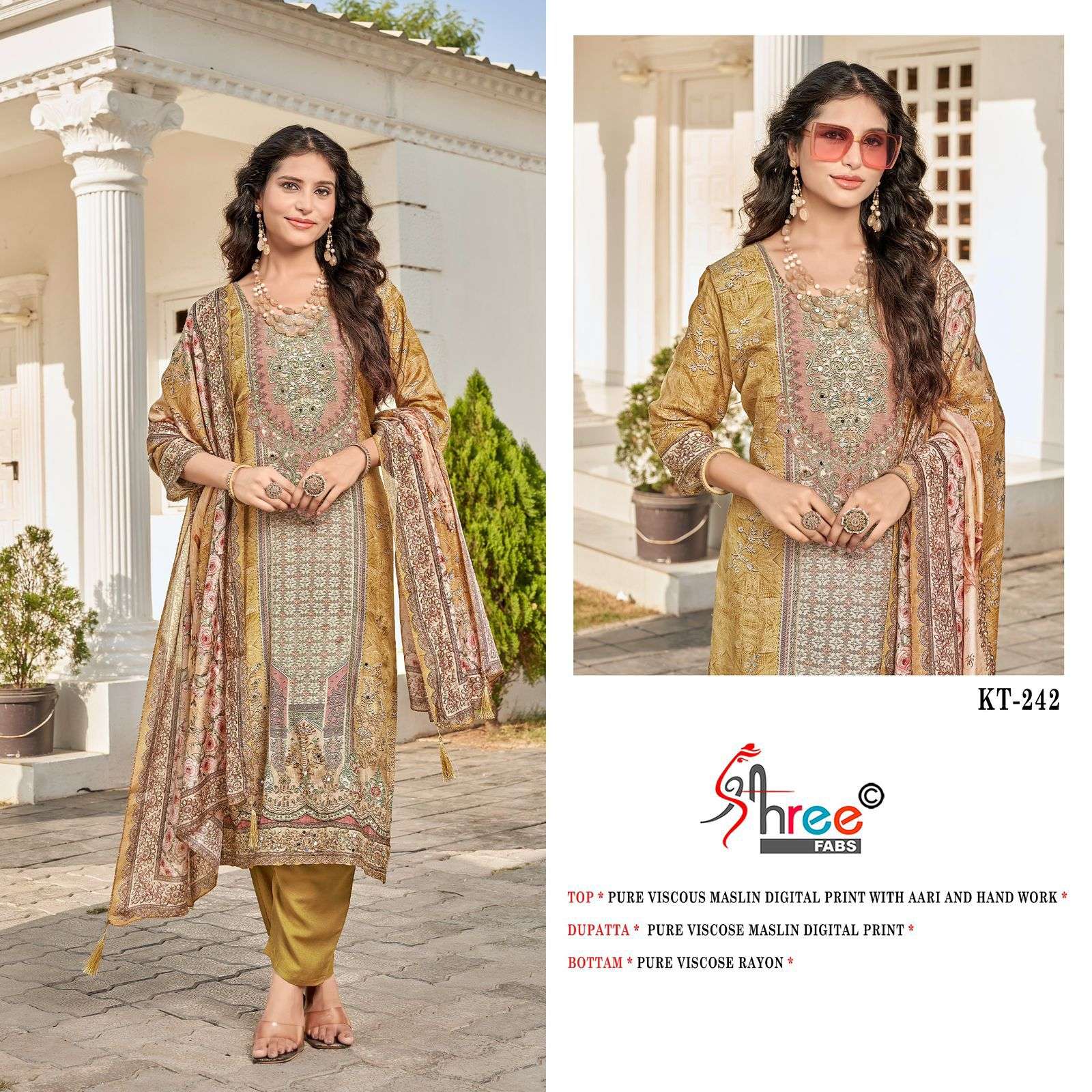 SHREE FAB DESIGN NO - KT - 242 PURE VISCOSE MUSLIN DIGITAL PRINT AARI HAND WORK PAKISTANI SALWAR SUIT 