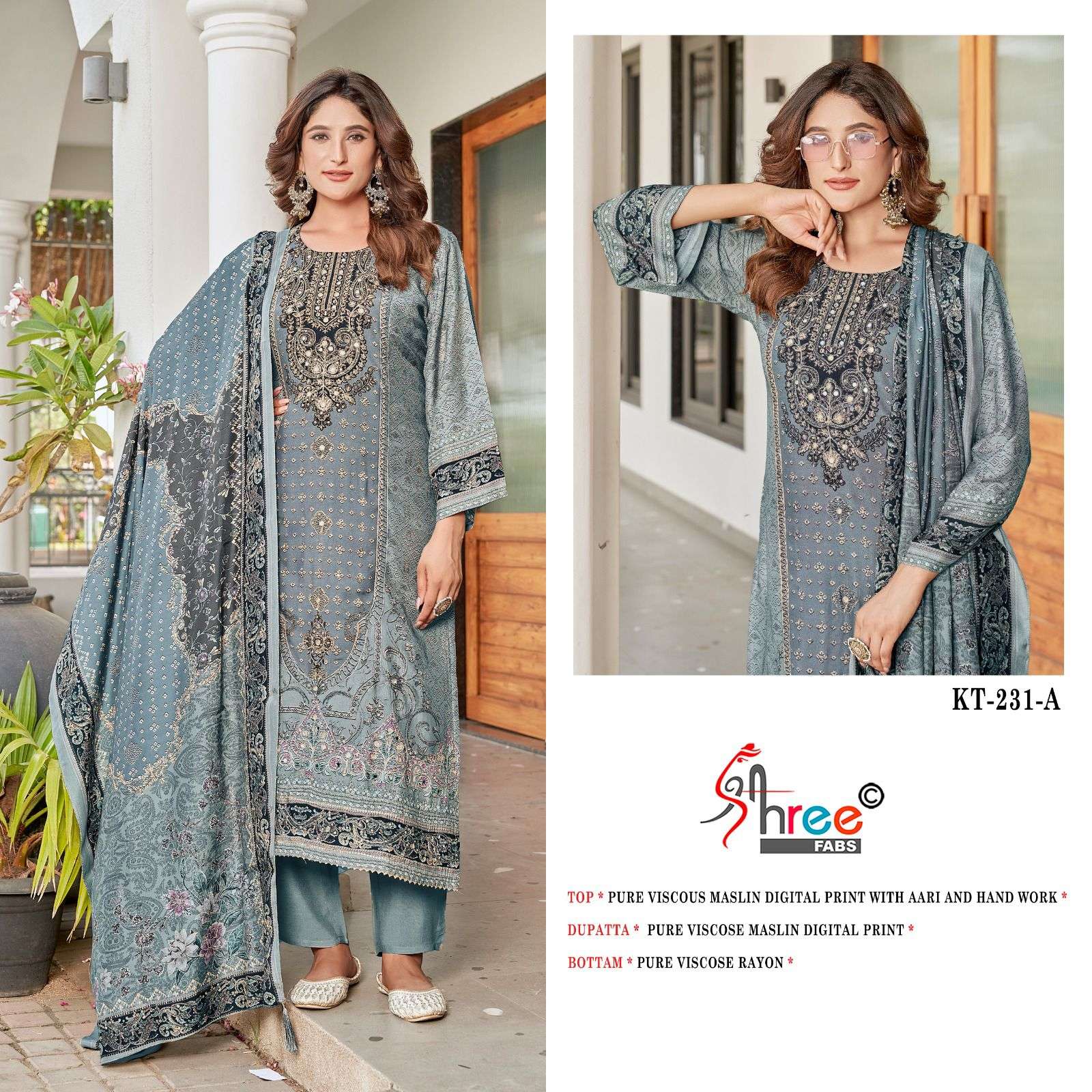 SHREE FABS KT 231 VISCOSE DIGITAL PRINT WITH FANCY HAND WORK SUIT