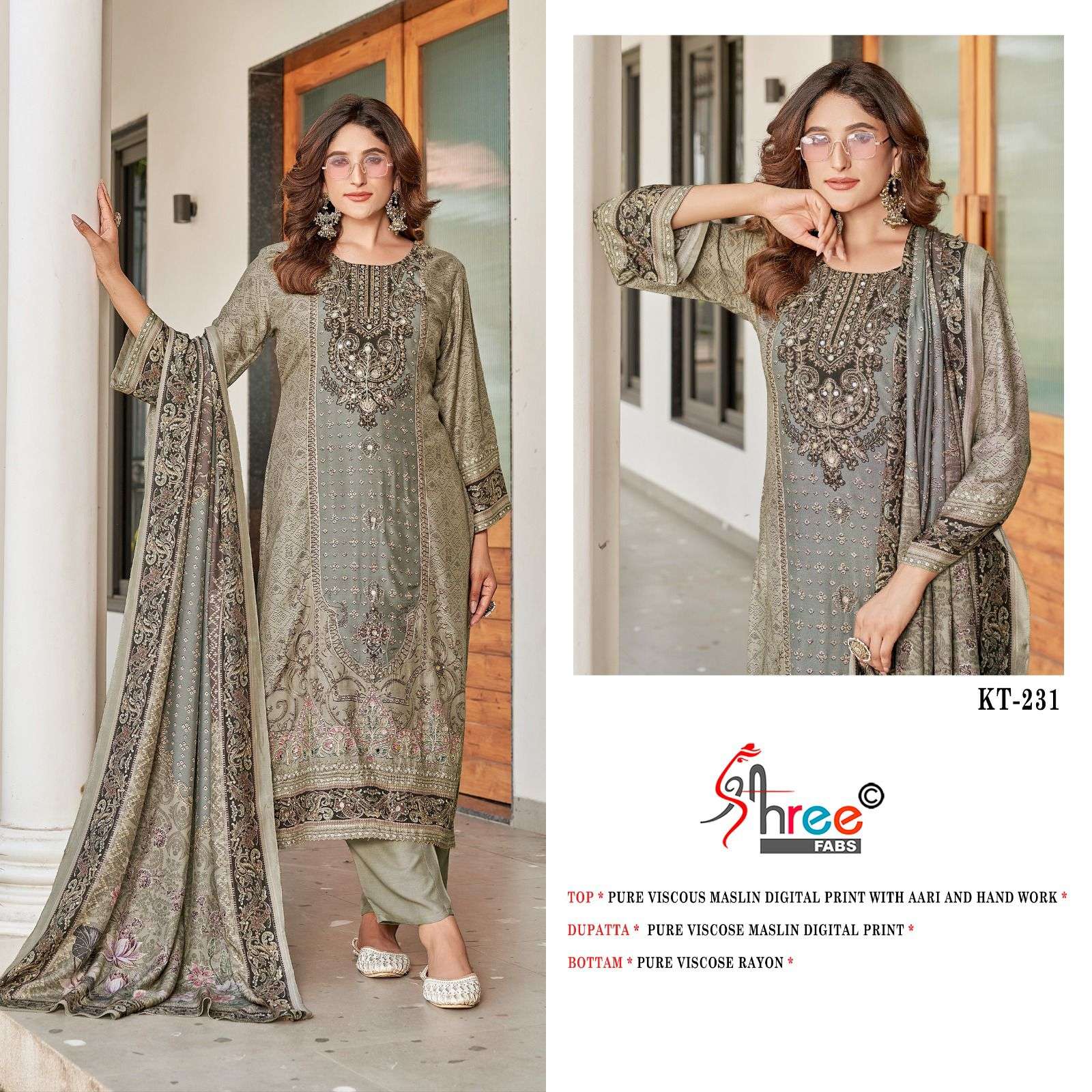 SHREE FABS KT 231 VISCOSE DIGITAL PRINT WITH FANCY HAND WORK SUIT