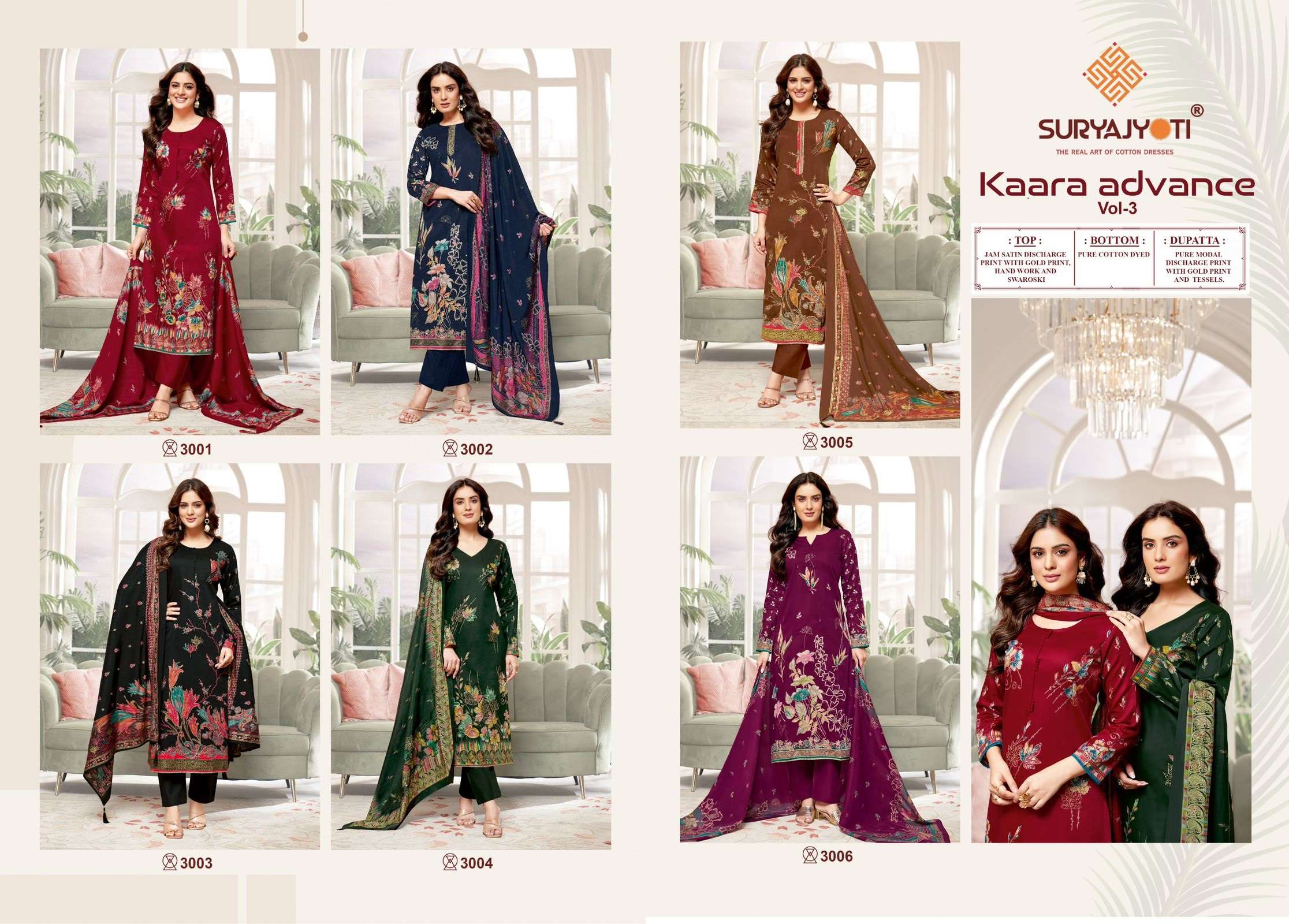 SURYAJYOTI KAARA ADVANCE VOL 3 JAM SATIN PRINT WITH FANCY WORK SUIT