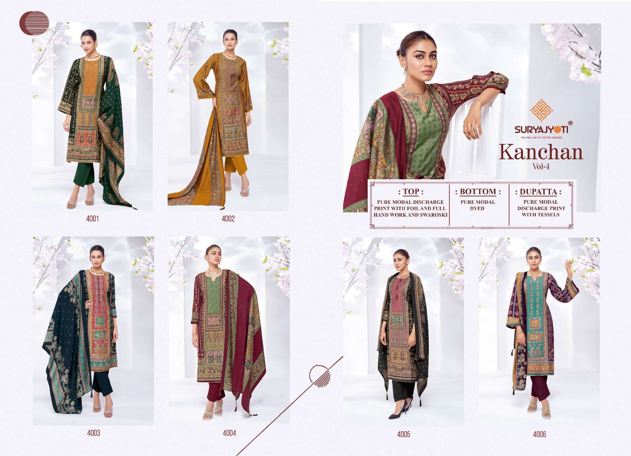 SURYAJYOTI KANCHAN VOL 4 MODAL PRINT FABRIC WITH FANCY WORK SUIT