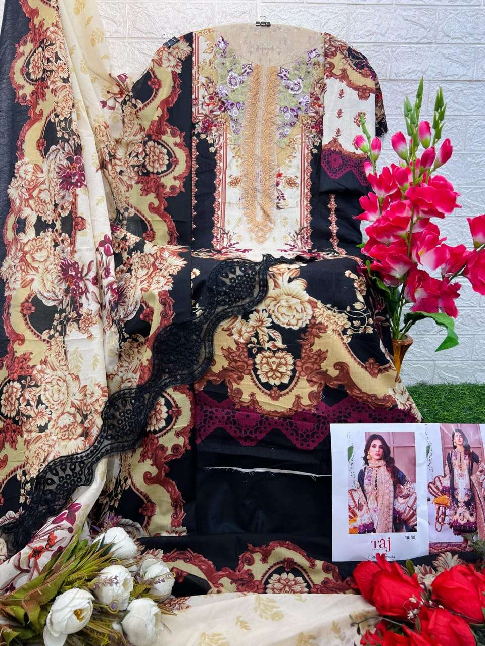 TAJ CREATIONS DESIGN NO - 415  PURE COTTON PRINTHEAVY PATCH EMBROIDERED PAKISTANI SALWAR SUIT