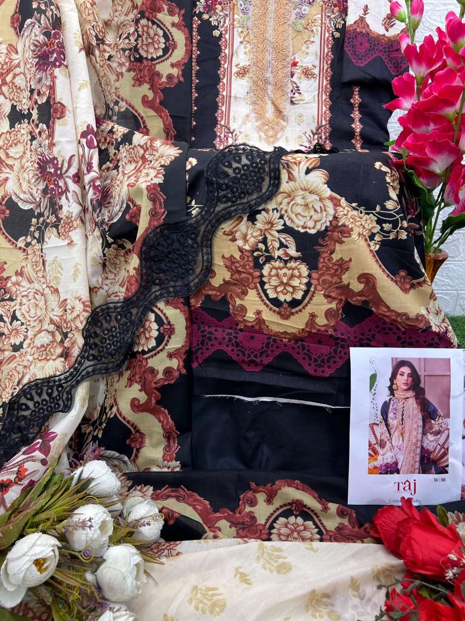 TAJ CREATIONS DESIGN NO - 415  PURE COTTON PRINTHEAVY PATCH EMBROIDERED PAKISTANI SALWAR SUIT