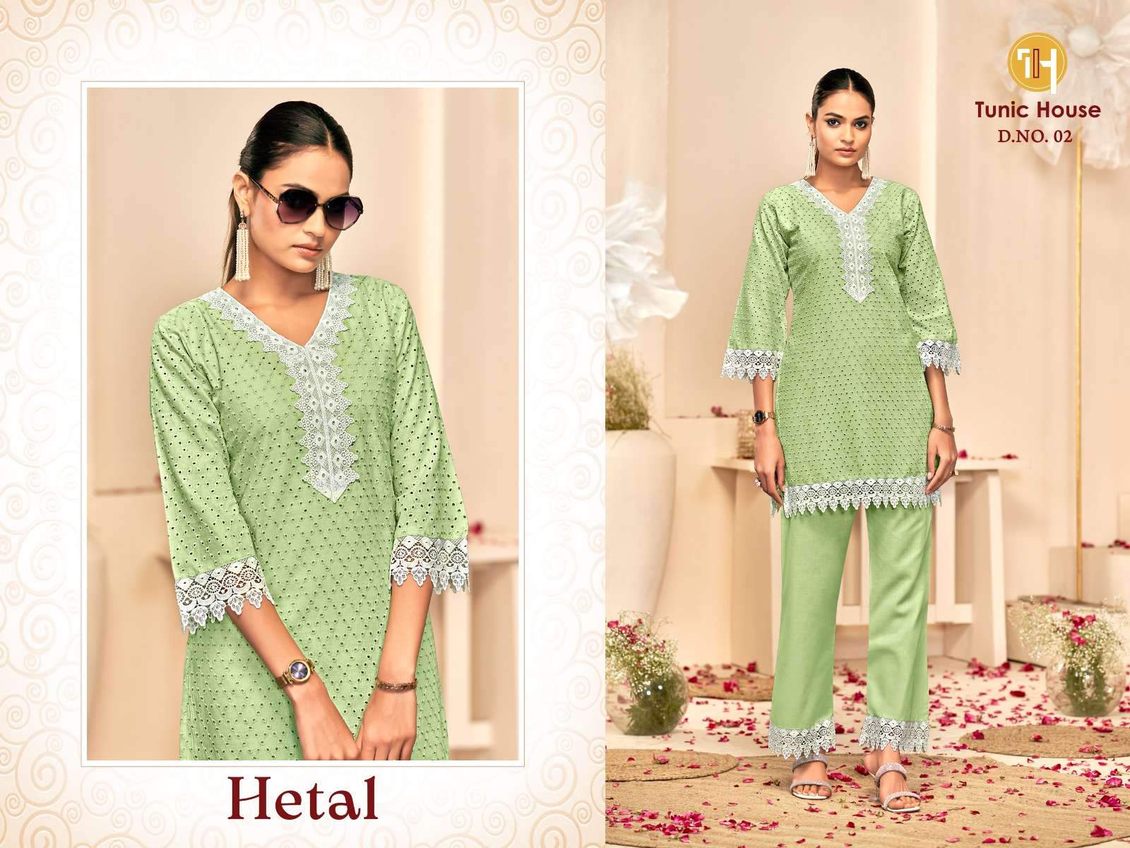 TUNIC HOUSE HETAL COTTON SCHIFFLI WORK FANCY TOP WITH PANT PAIR