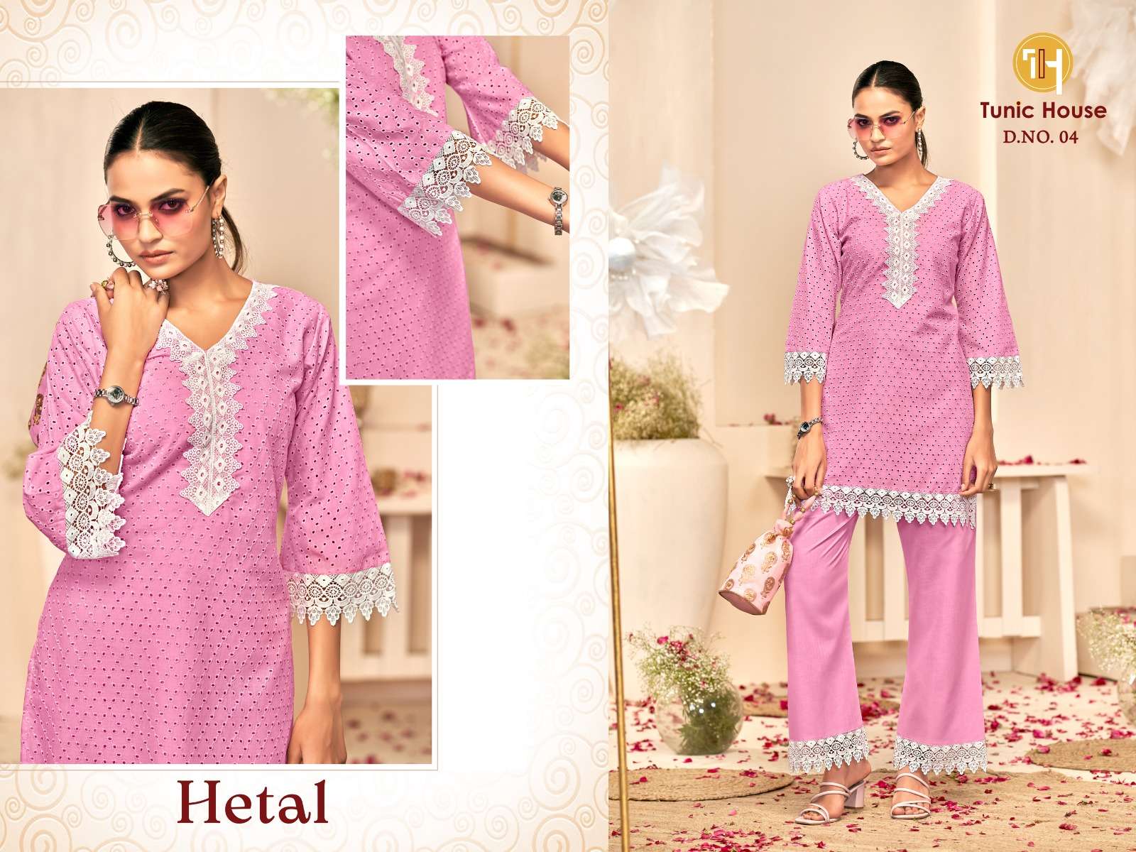 TUNIC HOUSE HETAL COTTON SCHIFFLI WORK FANCY TOP WITH PANT PAIR