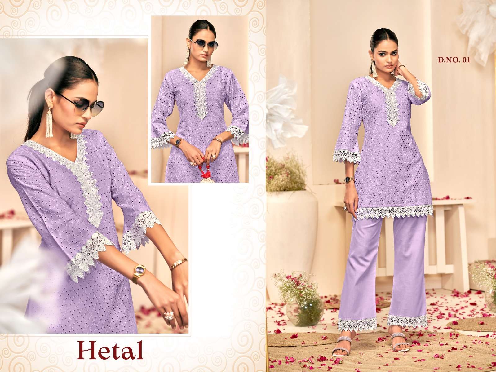 TUNIC HOUSE HETAL COTTON SCHIFFLI WORK FANCY TOP WITH PANT PAIR
