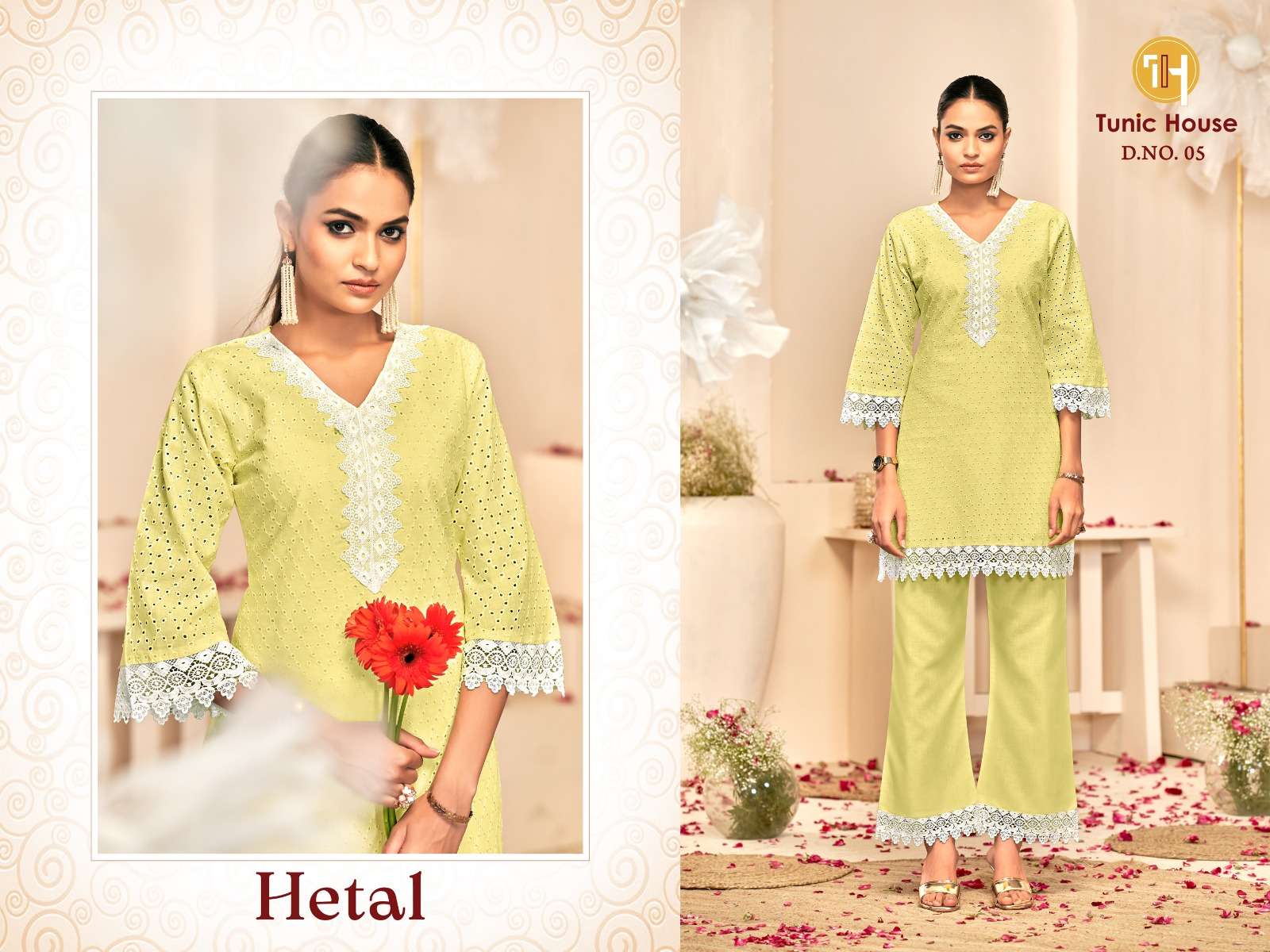 TUNIC HOUSE HETAL COTTON SCHIFFLI WORK FANCY TOP WITH PANT PAIR