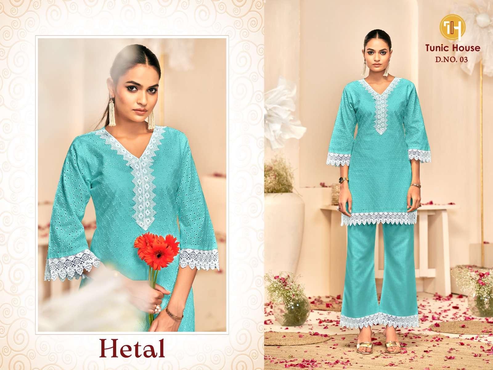 TUNIC HOUSE HETAL COTTON SCHIFFLI WORK FANCY TOP WITH PANT PAIR