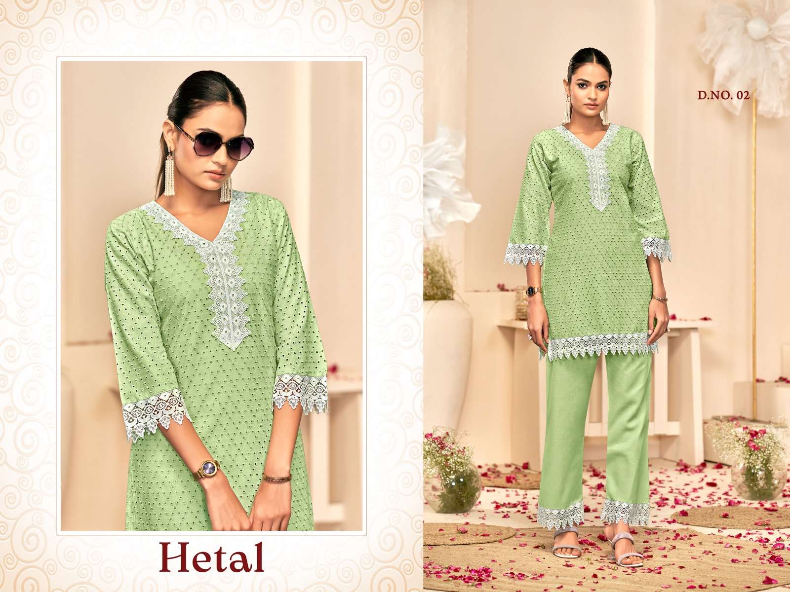 TUNIC HOUSE HETAL COTTON SCHIFFLI WORK FANCY TOP WITH PANT PAIR