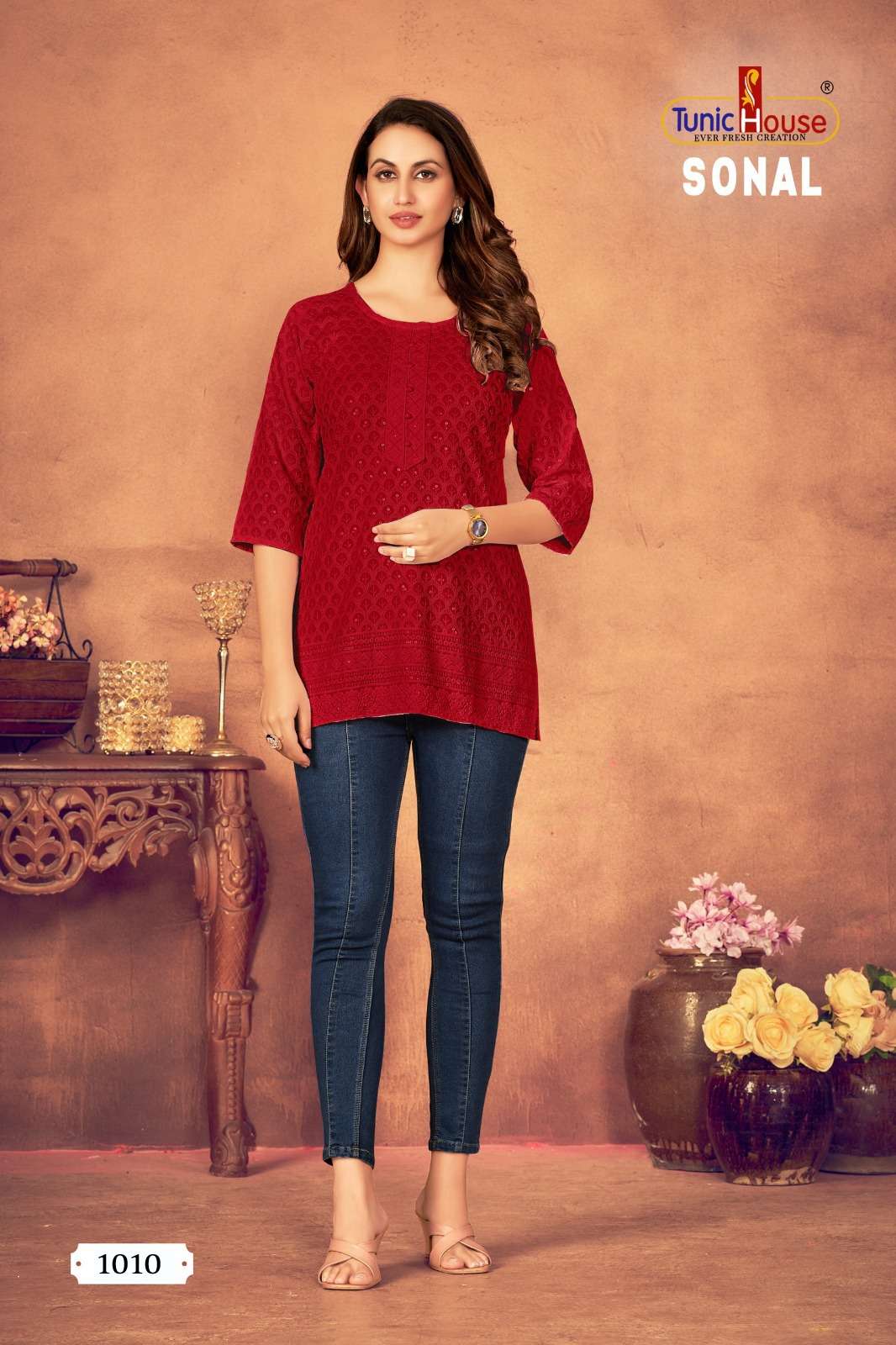 TUNIC HOUSE SONAL CHIKANKARI RAYON FANCY LADIES TOP