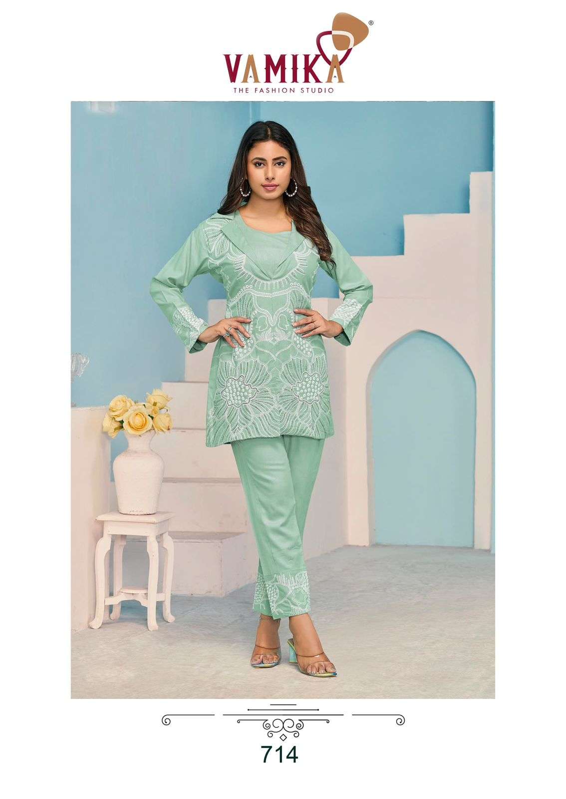 VAMIKA NX VEERA VOL 3 RAYON WORKS LADIES TOP WITH PANT SET